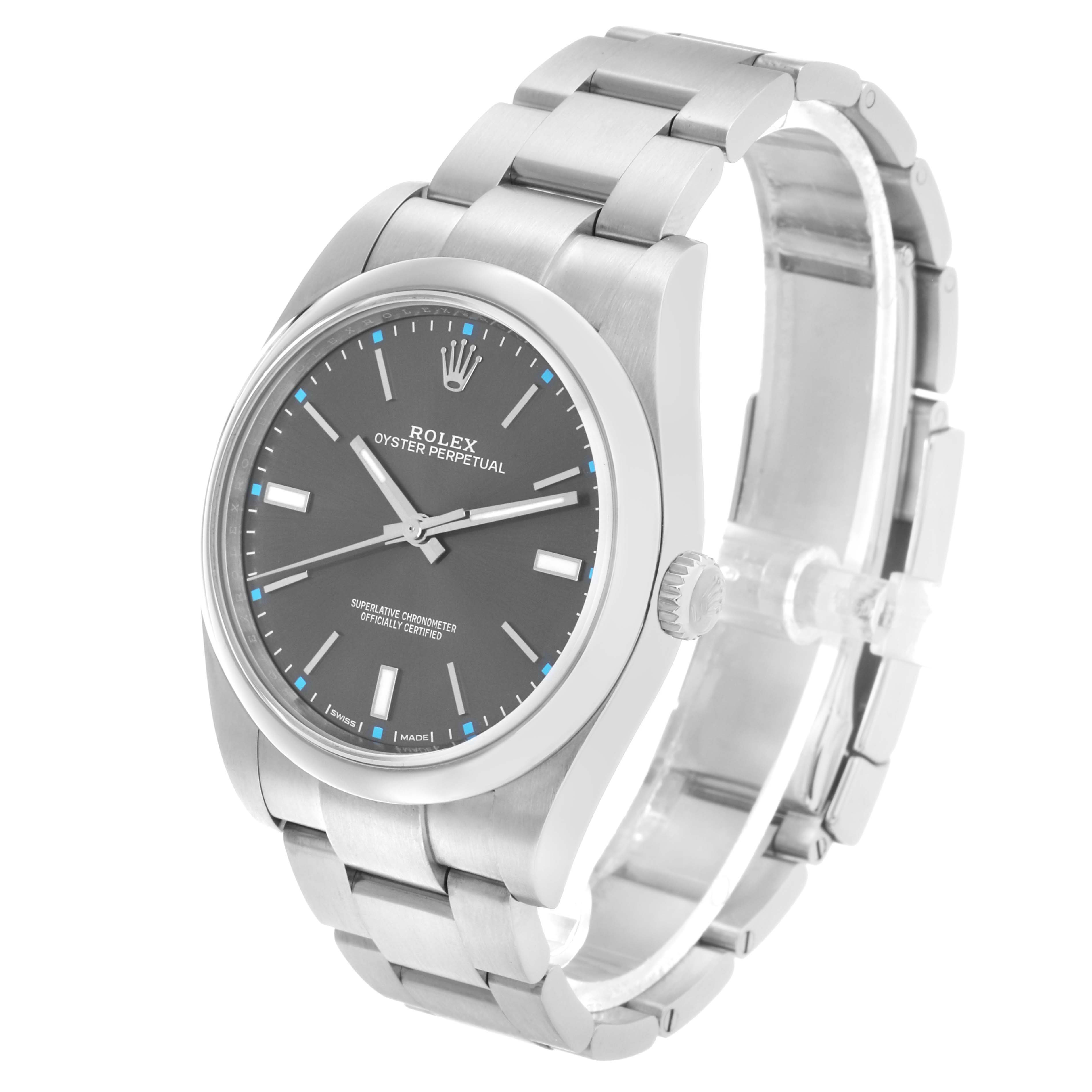 The Rolex Oyster Perpetual 114300 Men's Stainless Steel Grey Dial watch is shown at a three-quarter angle, displaying the face, bezel, and bracelet clearly.