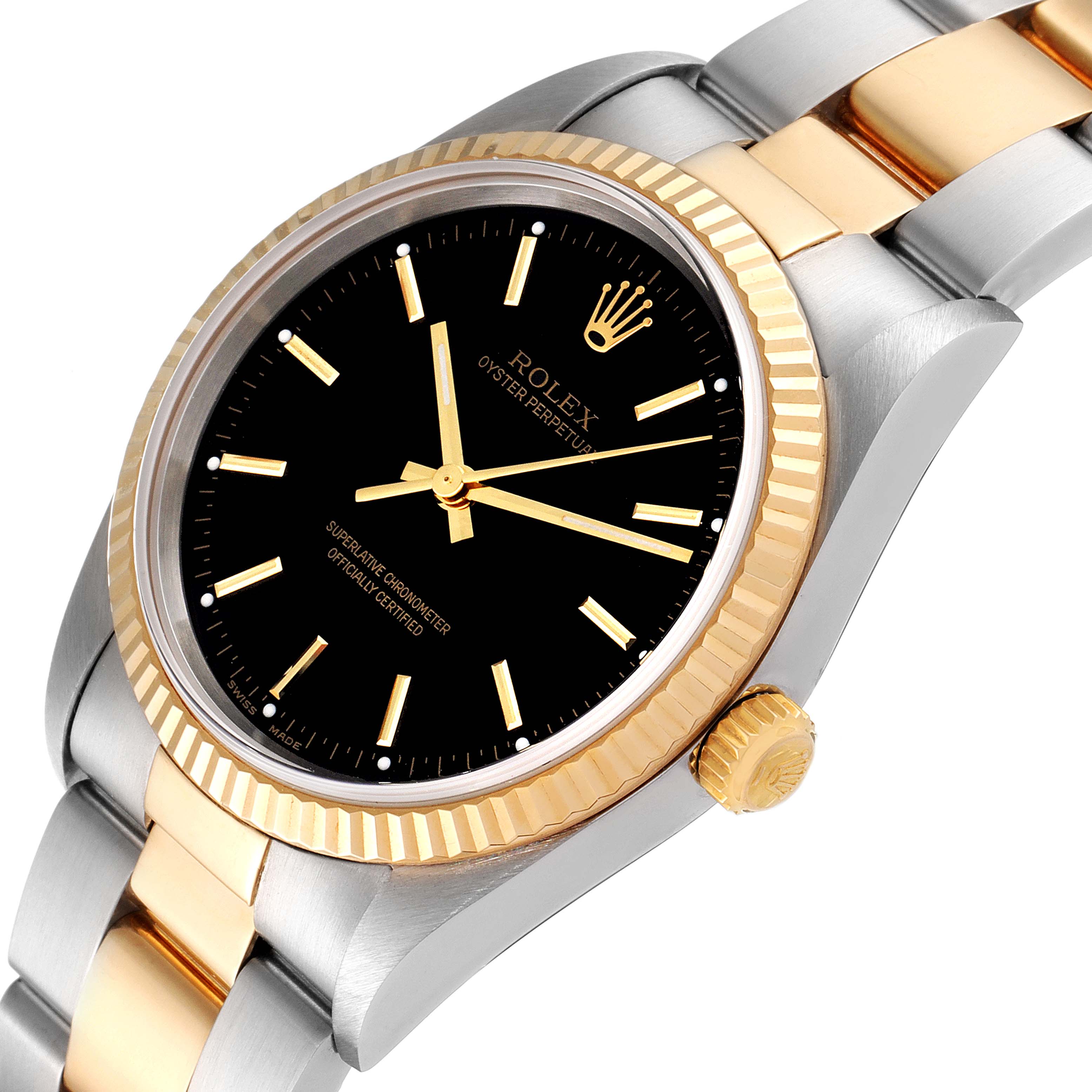 This image shows a Rolex Oyster Perpetual 14233 Men's Steel and Gold (two tone) Black Dial 14233 Men's Steel and Gold (two tone) Black Dial watch at an angle emphasizing the dial, bezel, and part of the bracelet.