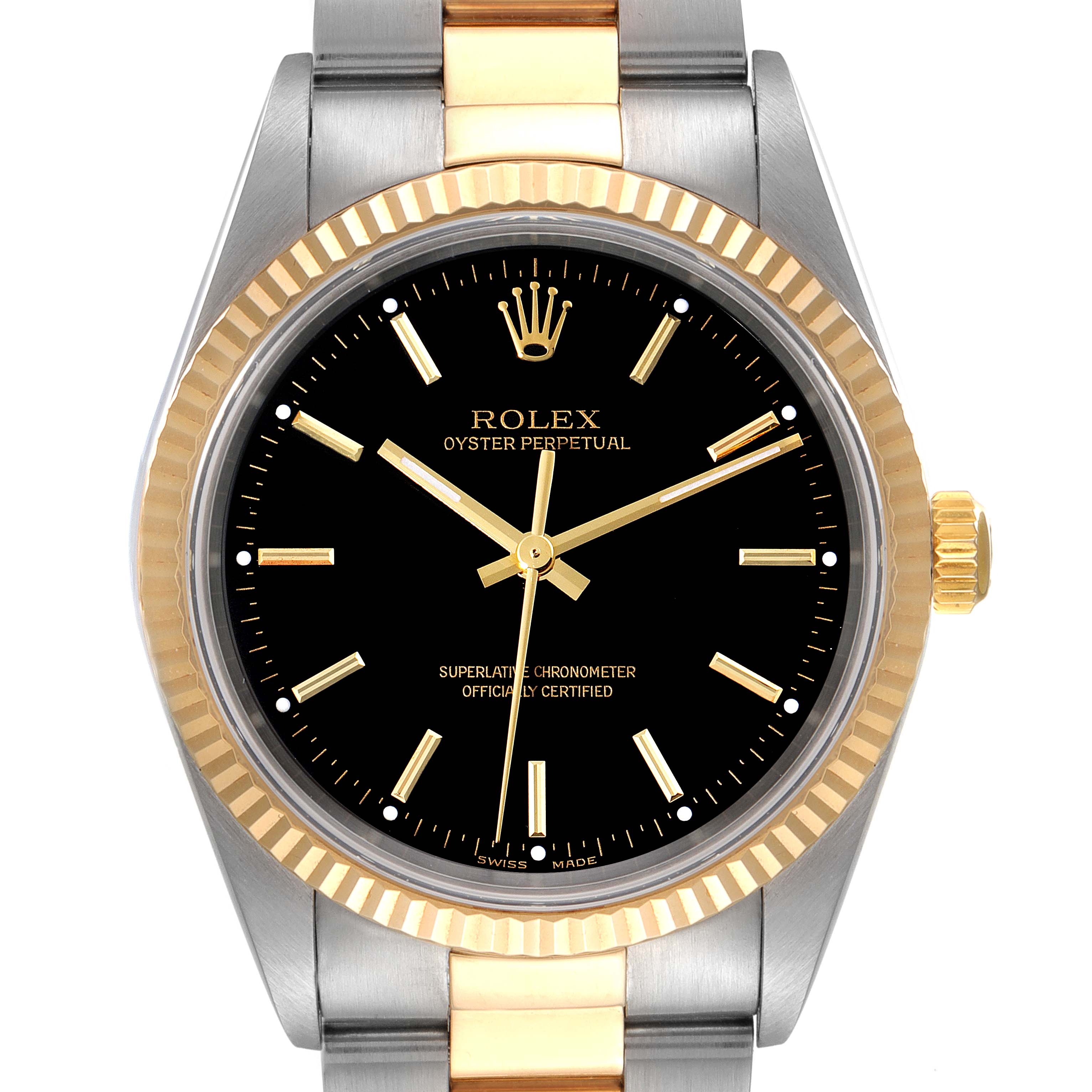 This image shows a front view of a Rolex Oyster Perpetual 14233 Men's Steel and Gold (two tone) Black Dial 14233 Men's Steel and Gold (two tone) Black Dial watch with a black dial and a two-tone gold and stainless steel bracelet.