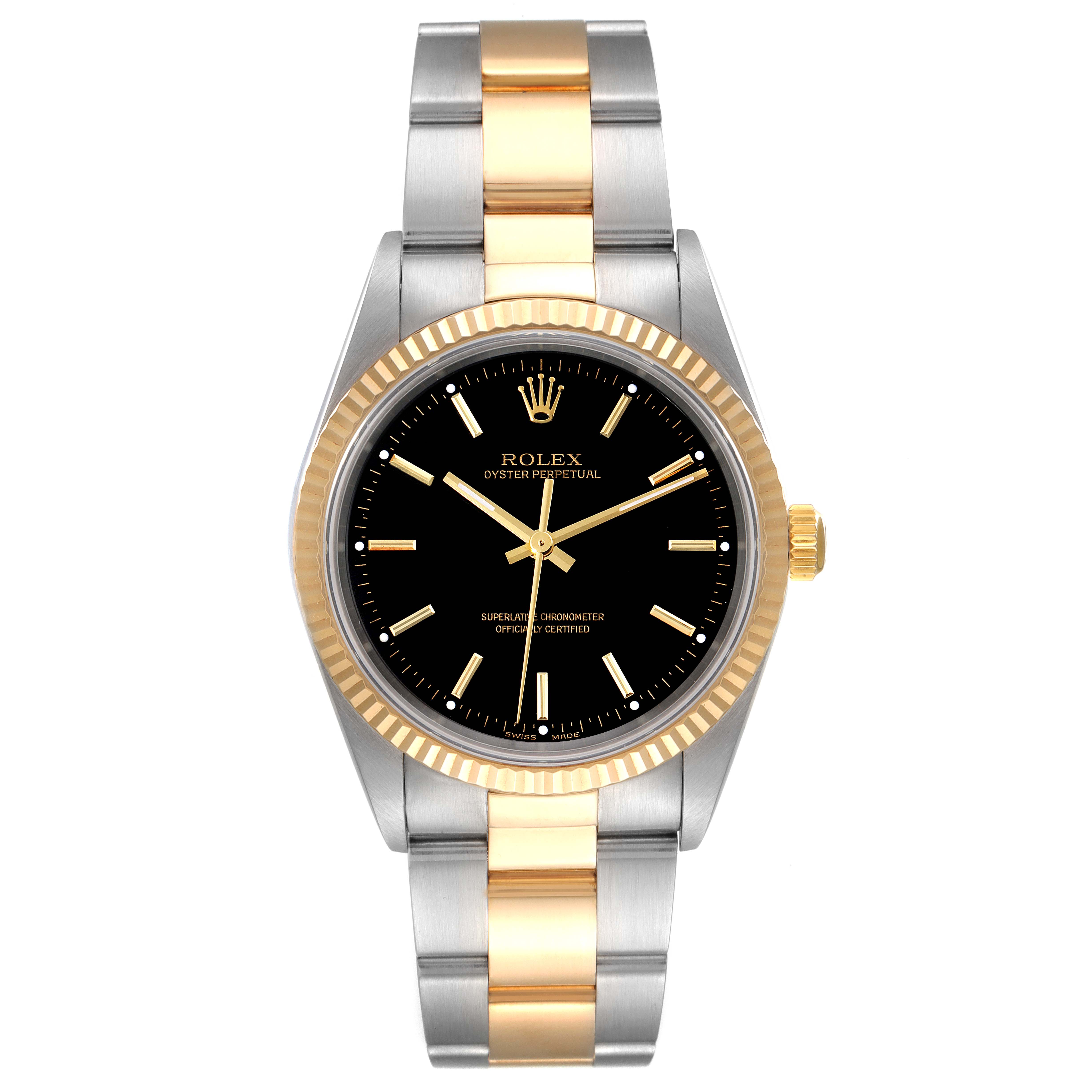 The image shows a front view of a Rolex Oyster Perpetual 14233 Men's Steel and Gold (two tone) Black Dial 14233 Men's Steel and Gold (two tone) Black Dial watch, highlighting its black dial, gold bezel, and two-tone metal bracelet.