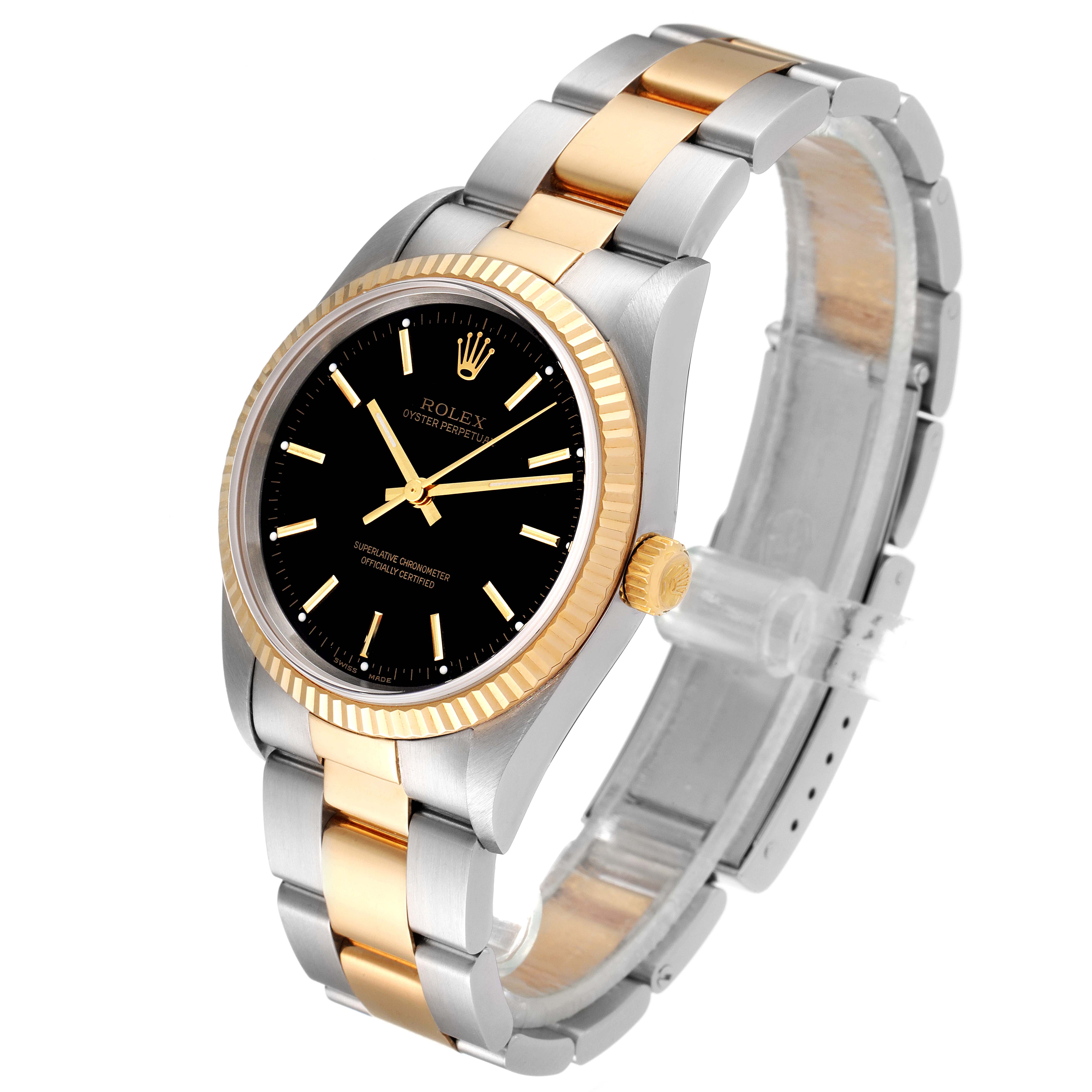 The image shows a Rolex Oyster Perpetual 14233 Men's Steel and Gold (two tone) Black Dial 14233 Men's Steel and Gold (two tone) Black Dial watch from a side angle, highlighting the bezel, dial, crown, and part of the bracelet.