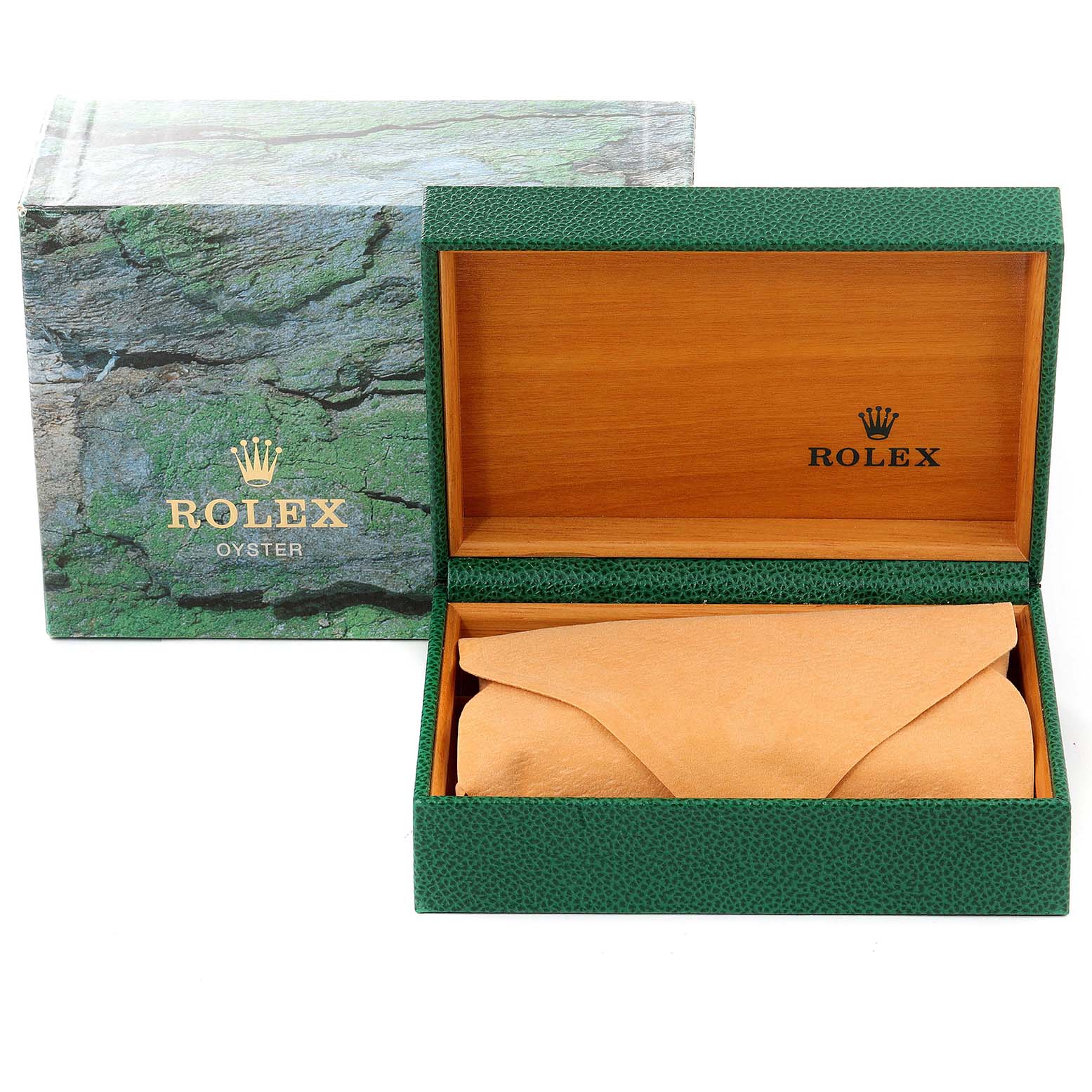 The angle shows a Rolex Oyster Perpetual 14233 Men's Steel and Gold (two tone) Black Dial 14233 Men's Steel and Gold (two tone) Black Dial watch box and its accessories, including the outer box and the inner leather pouch.