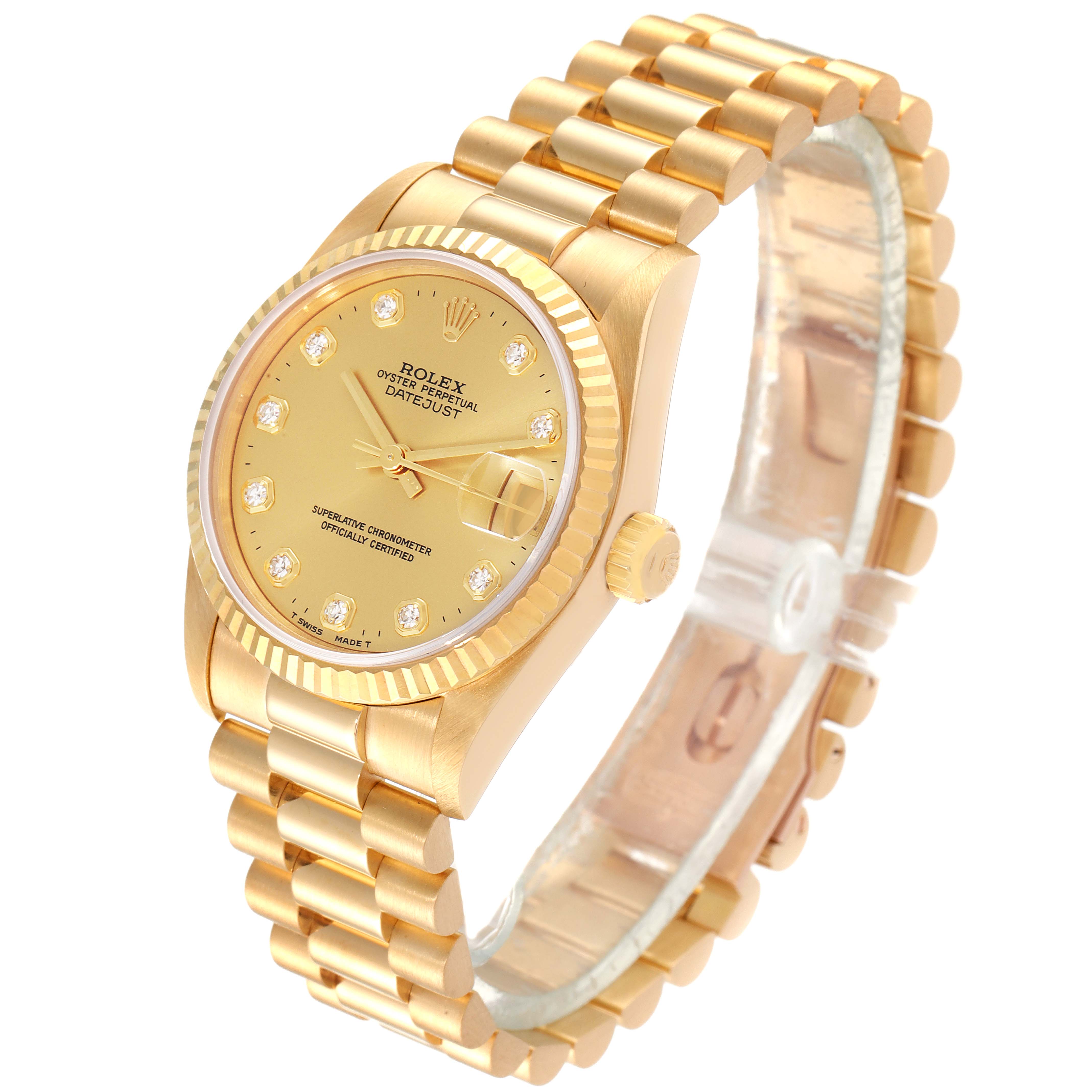 The image shows a side angle of a Rolex President 68278 Women's Yellow Gold Champagne Dial 68278 Women's Yellow Gold Champagne Dial model watch featuring its gold bracelet, dial, and crown.