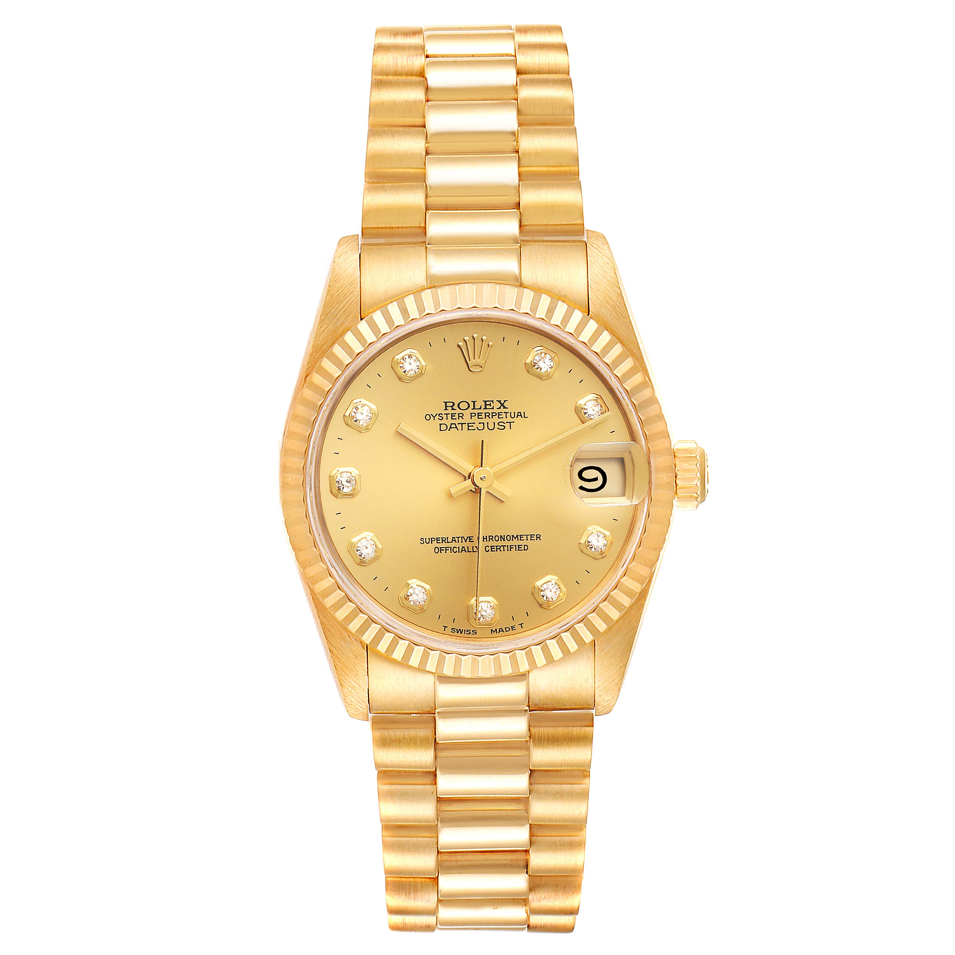 This image shows a front view of the Rolex President 68278 Women's Yellow Gold Champagne Dial 68278 Women's Yellow Gold Champagne Dial model watch, featuring the dial, bracelet, crown, and date window.