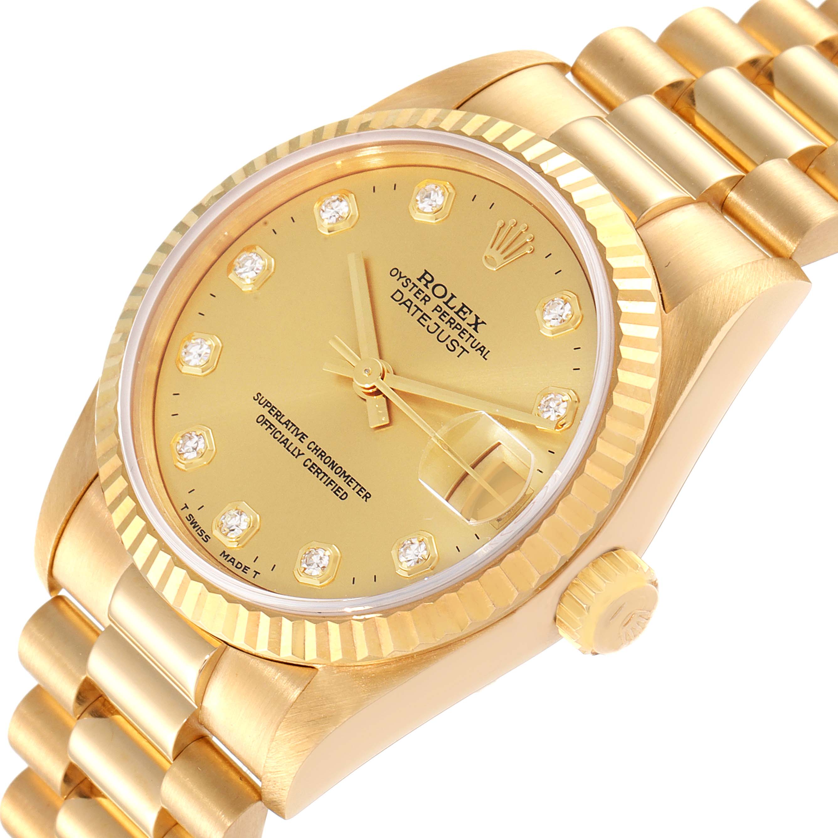 The image shows a close-up angled view of the watch face, bezel, crown, and part of the band of the Rolex President 68278 Women's Yellow Gold Champagne Dial 68278 Women's Yellow Gold Champagne Dial model.