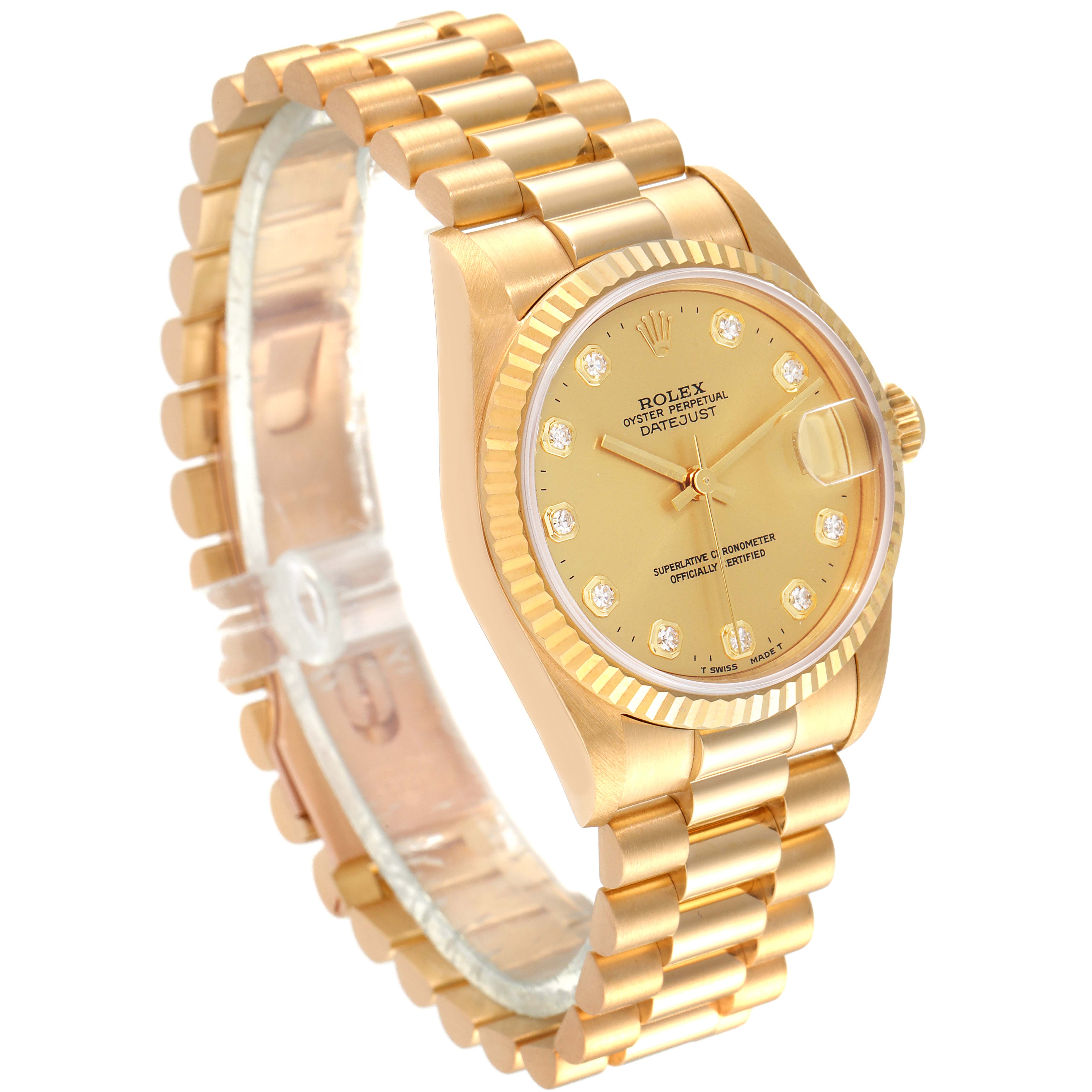 The Rolex President 68278 Women's Yellow Gold Champagne Dial 68278 Women's Yellow Gold Champagne Dial model watch is shown at a slight angle highlighting the face, bracelet, and crown.
