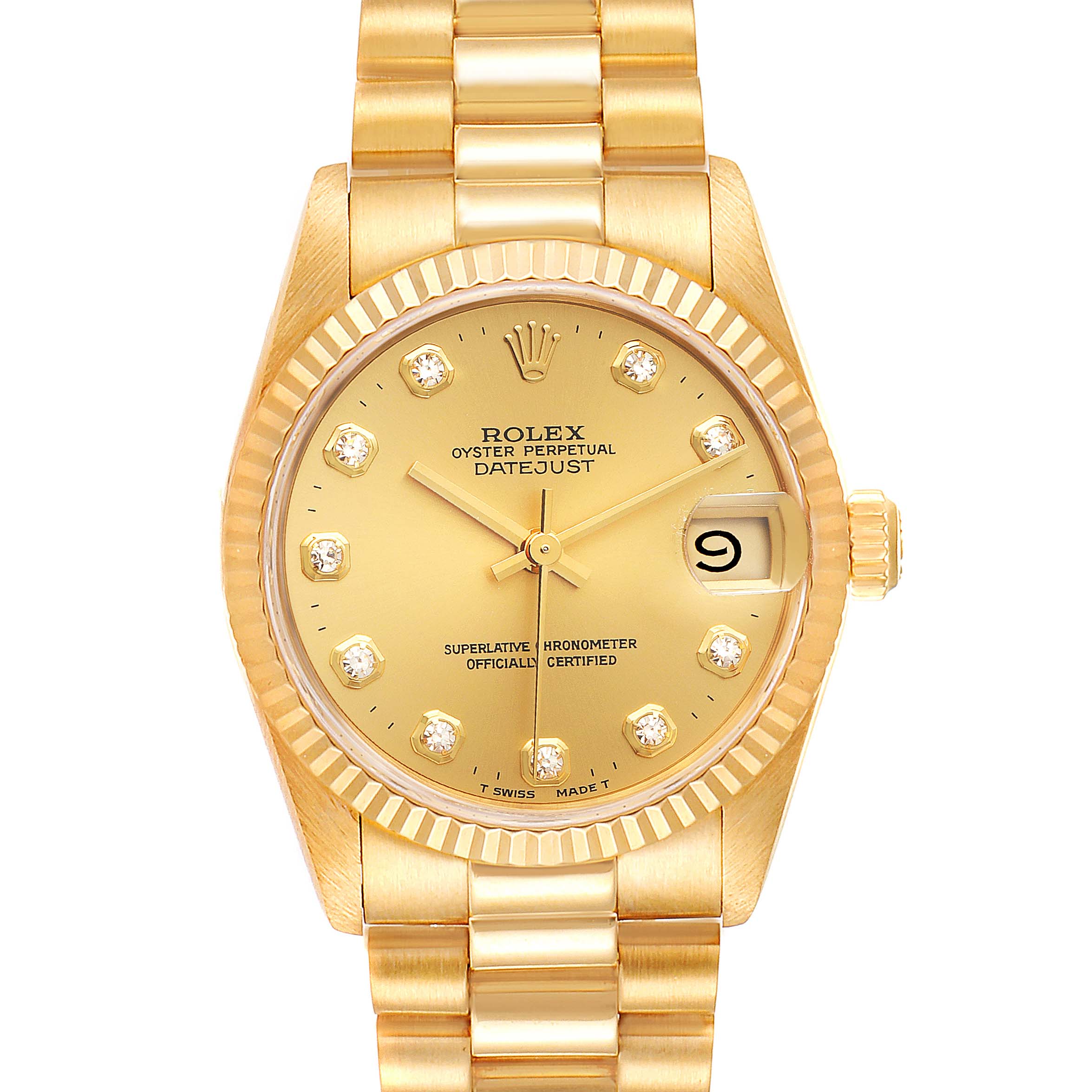 This image shows the front view of a Rolex President 68278 Women's Yellow Gold Champagne Dial 68278 Women's Yellow Gold Champagne Dial Model watch, displaying its gold dial, fluted bezel, and date window.