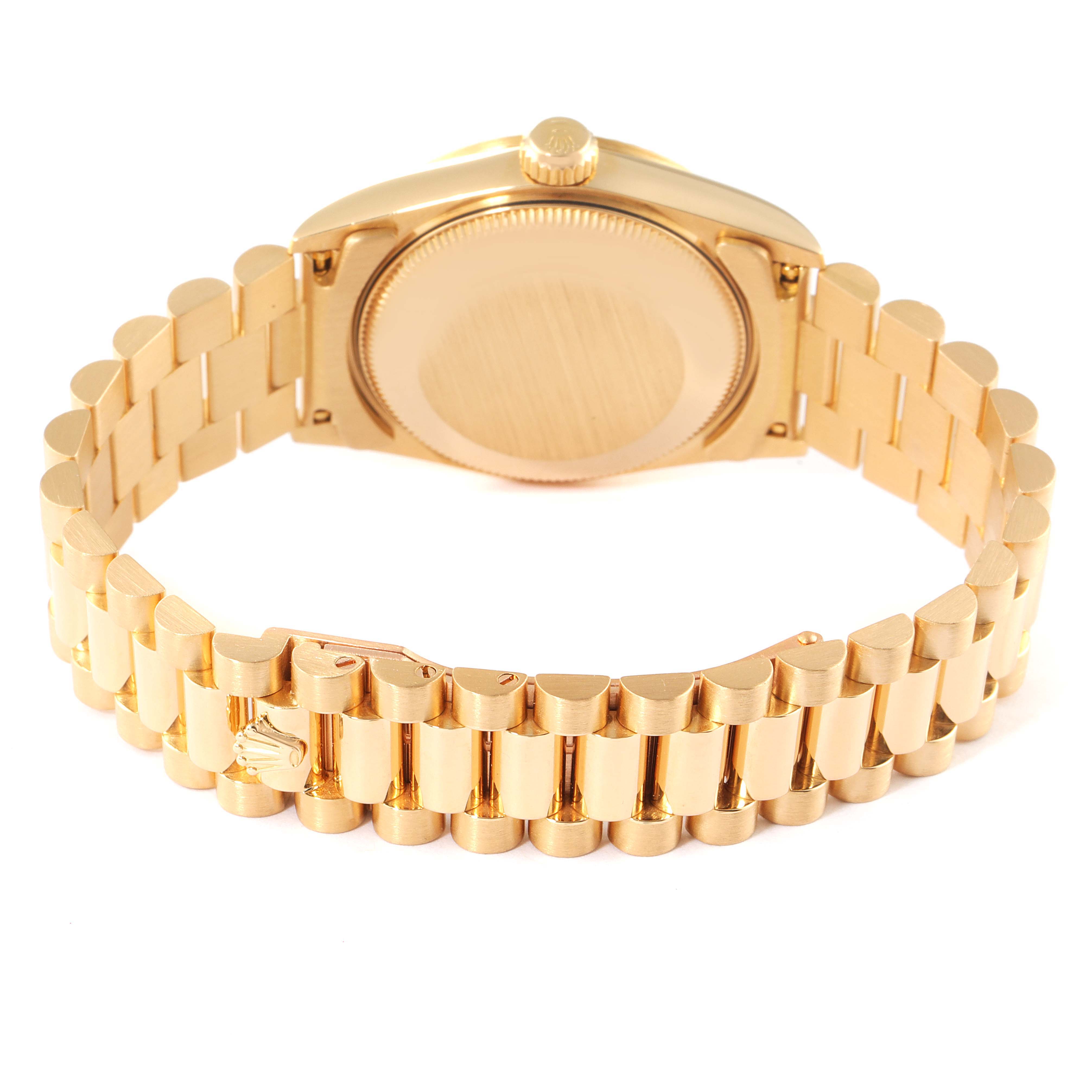 The image shows the back case and bracelet of a Rolex President 68278 Women's Yellow Gold Champagne Dial 68278 Women's Yellow Gold Champagne Dial model watch from a rear angle.