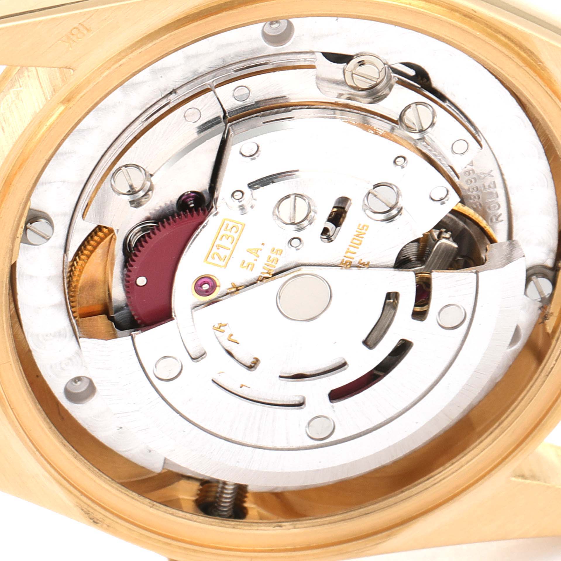 The image shows the movement mechanism of a Rolex President 68278 Women's Yellow Gold Champagne Dial 68278 Women's Yellow Gold Champagne Dial model watch, viewed from the back.