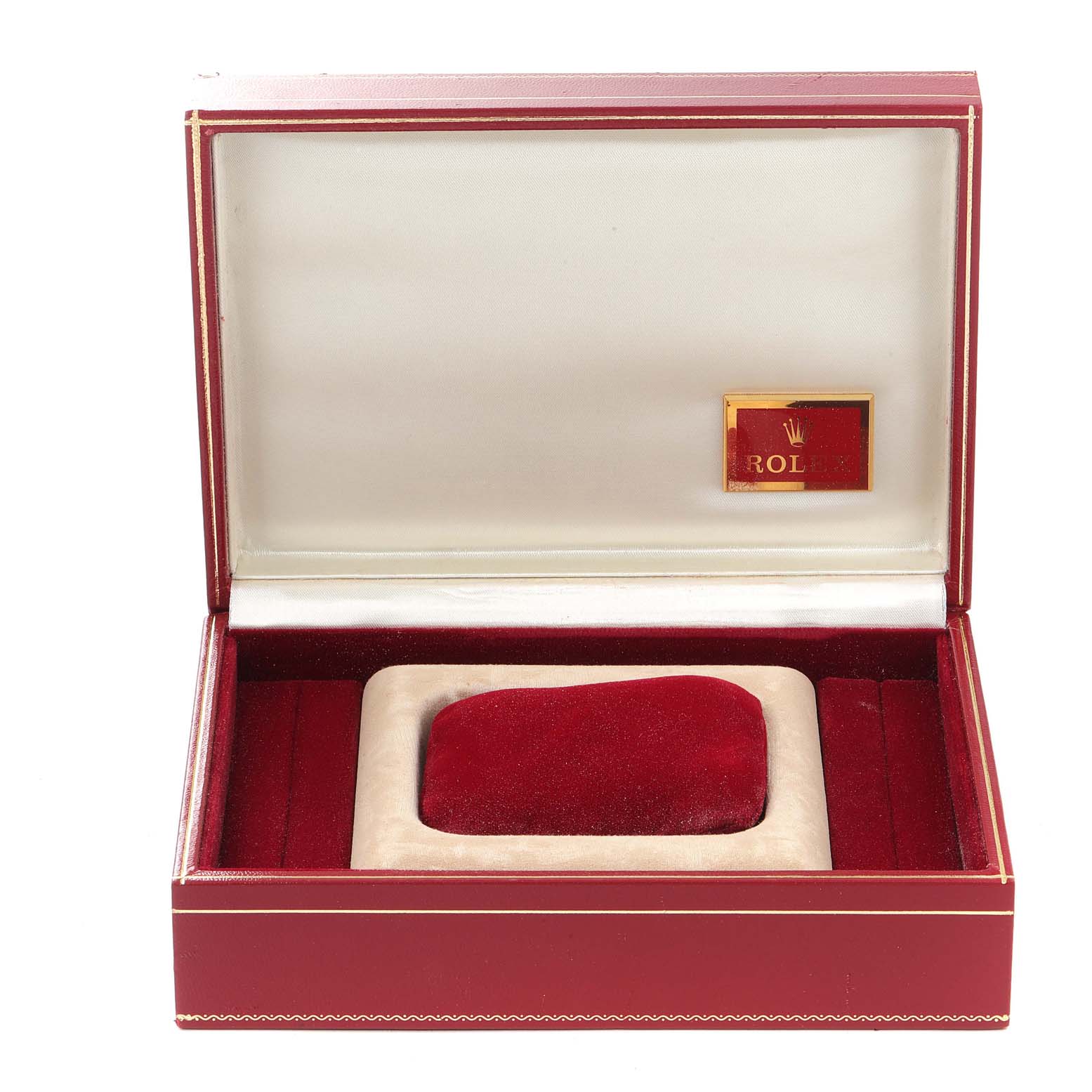 The image shows an open red-and-gold Rolex watch box for the President model, with a velvet cushion inside.