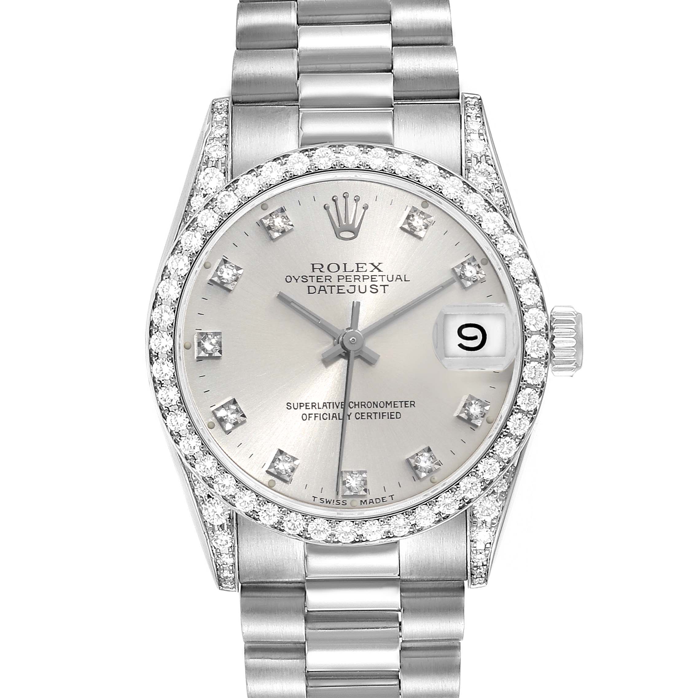 This image shows a frontal view of a Rolex President 68159 Women's White Gold Silver Dial 68159 Women's White Gold Silver Dial model watch, showcasing the dial, bezel, bracelet, and crown.