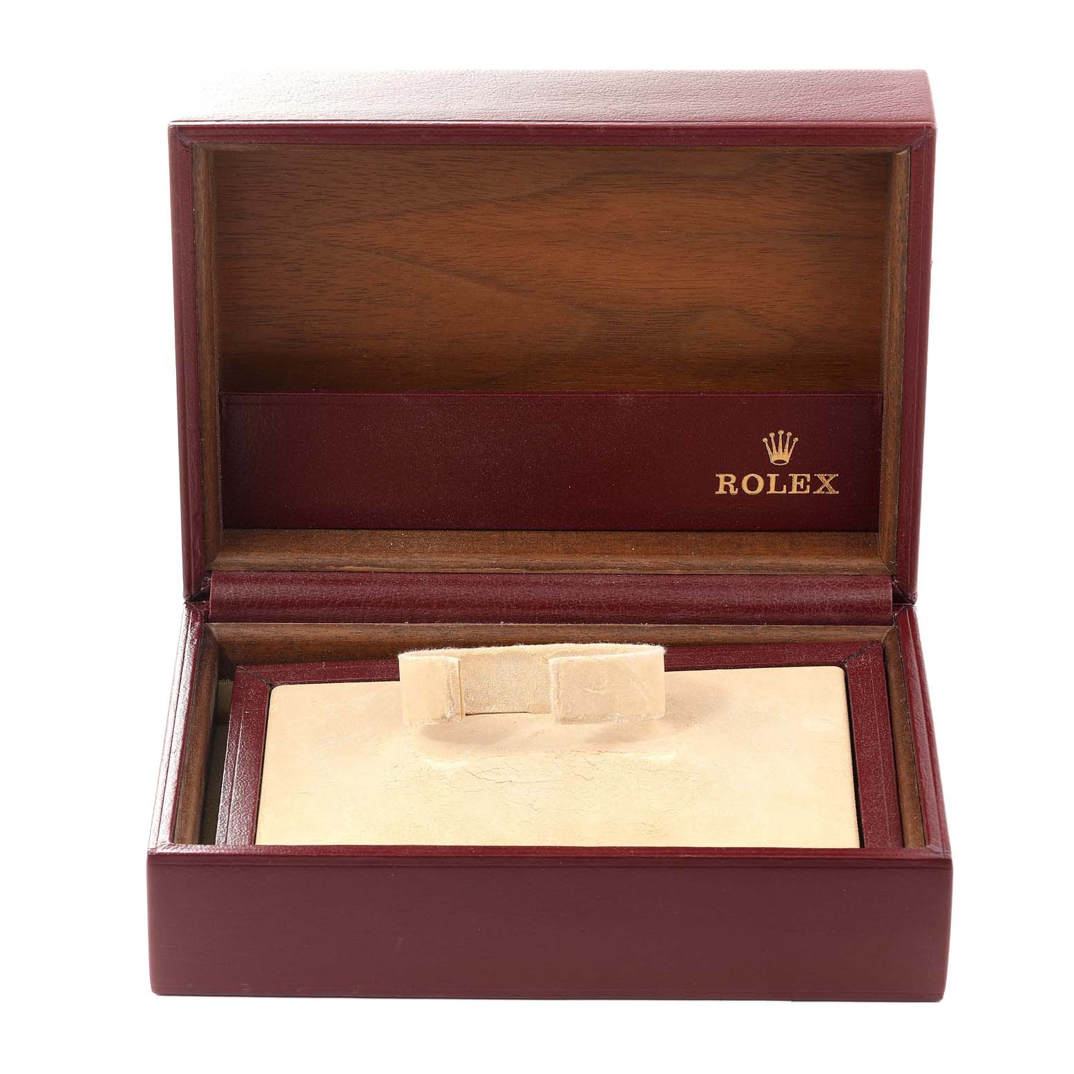 The image shows an open box for a Rolex President 68159 Women's White Gold Silver Dial 68159 Women's White Gold Silver Dial model watch, made of wood with Rolex branding on the inside lid.