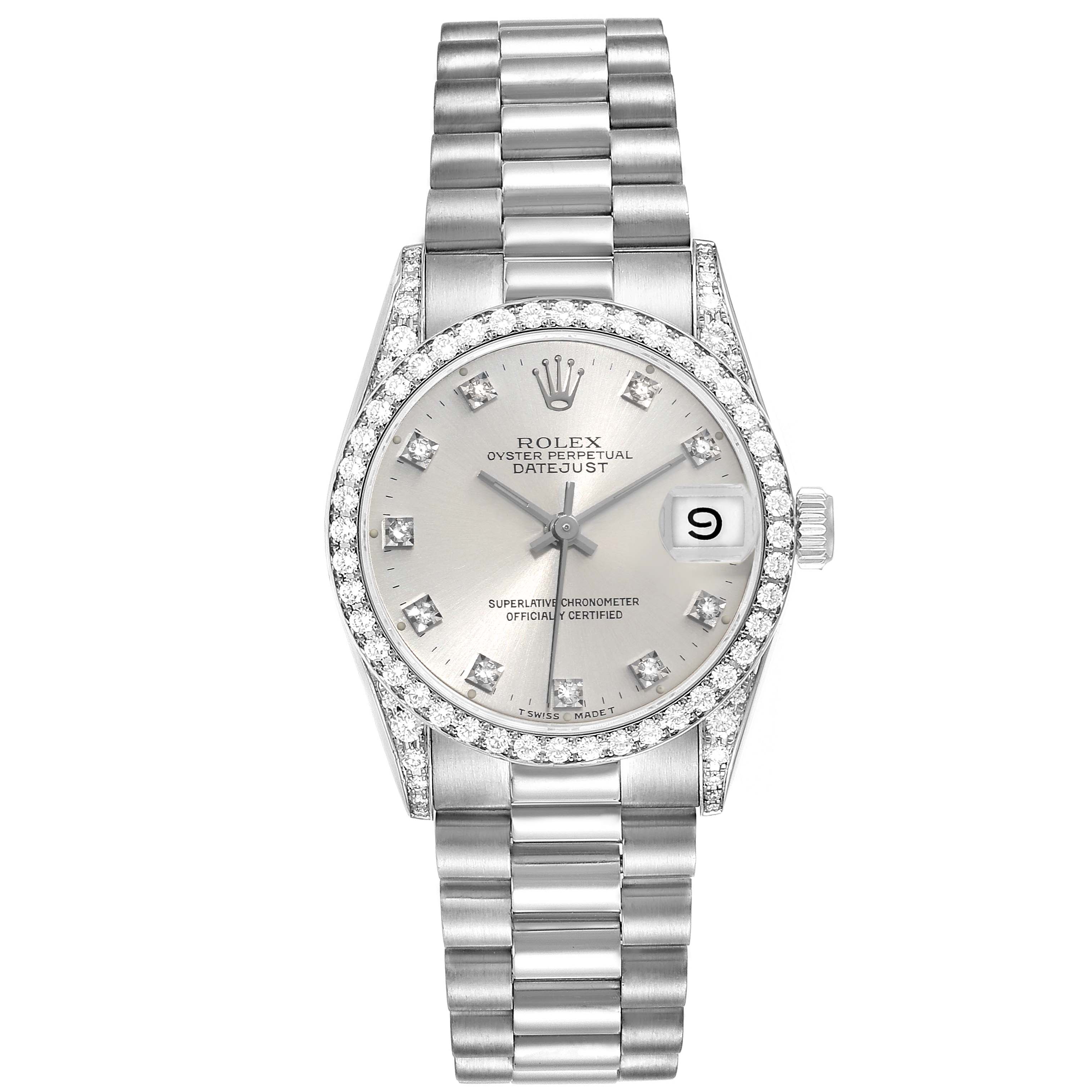 This image shows a front view of the Rolex President 68159 Women's White Gold Silver Dial 68159 Women's White Gold Silver Dial model, highlighting its bezel, dial, hands, date window, and bracelet.