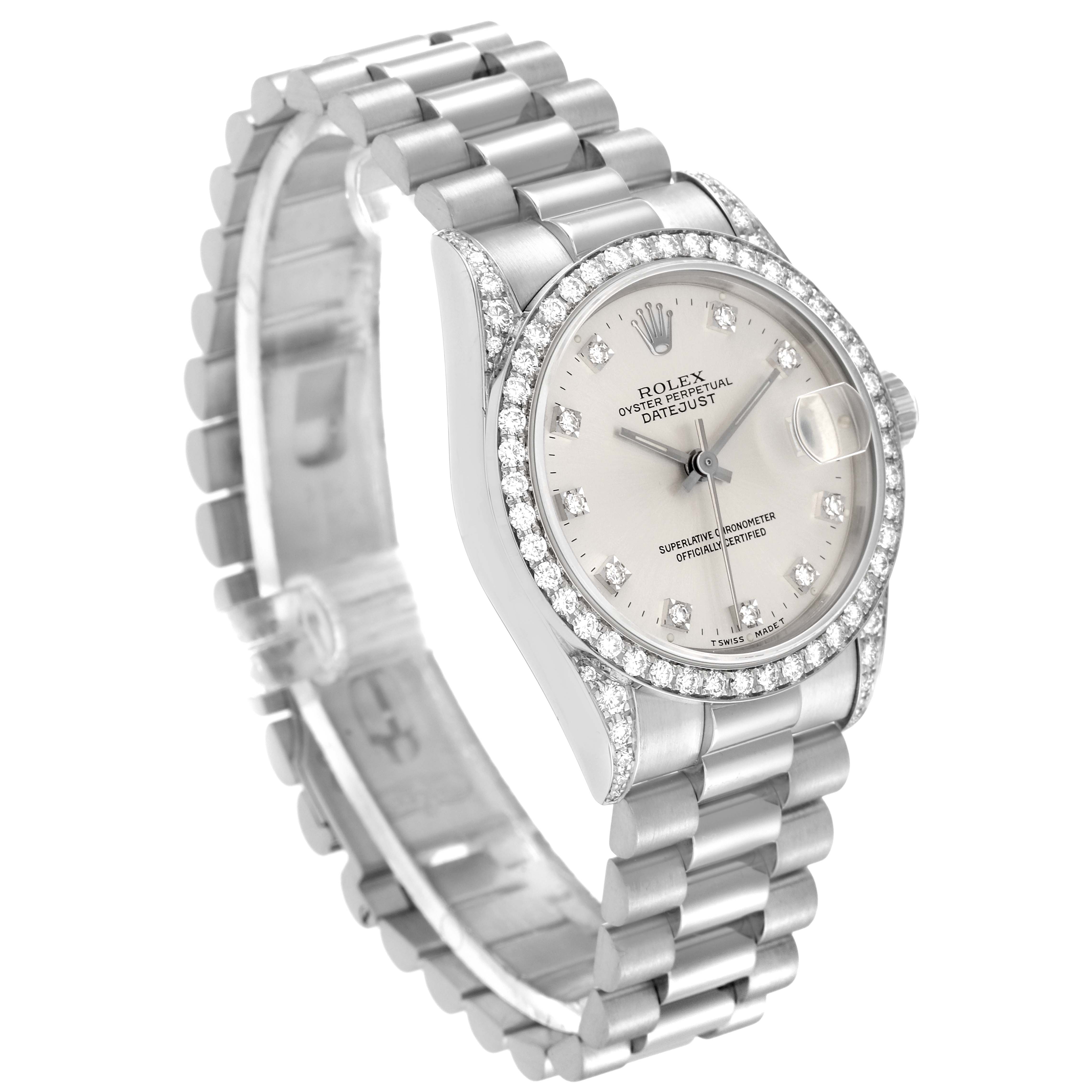 This image shows a President model Rolex watch from a three-quarter angle, highlighting the face, bezel, and bracelet.