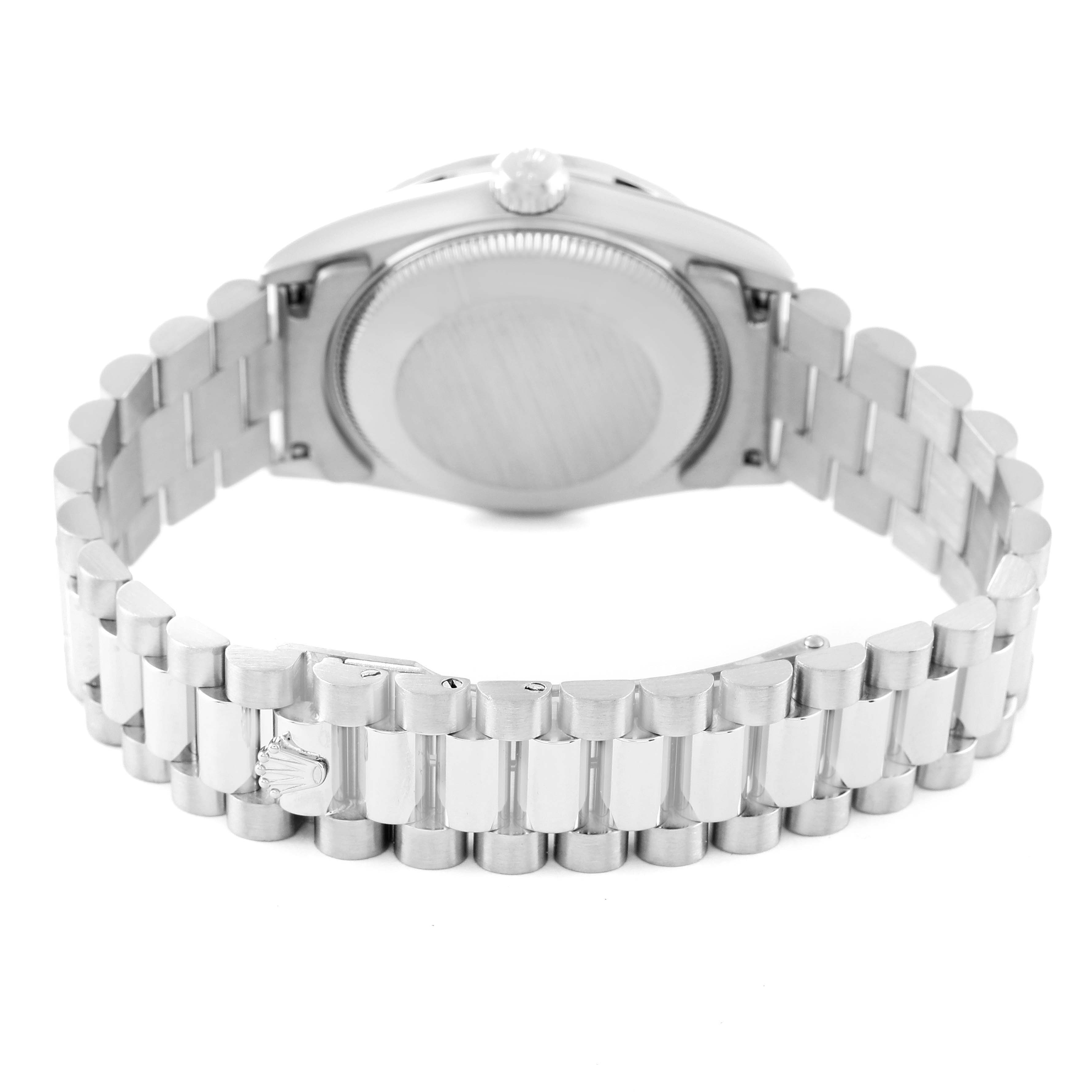 The image shows the back of a Rolex President 68159 Women's White Gold Silver Dial 68159 Women's White Gold Silver Dial model watch, highlighting the case back and the bracelet with the clasp.