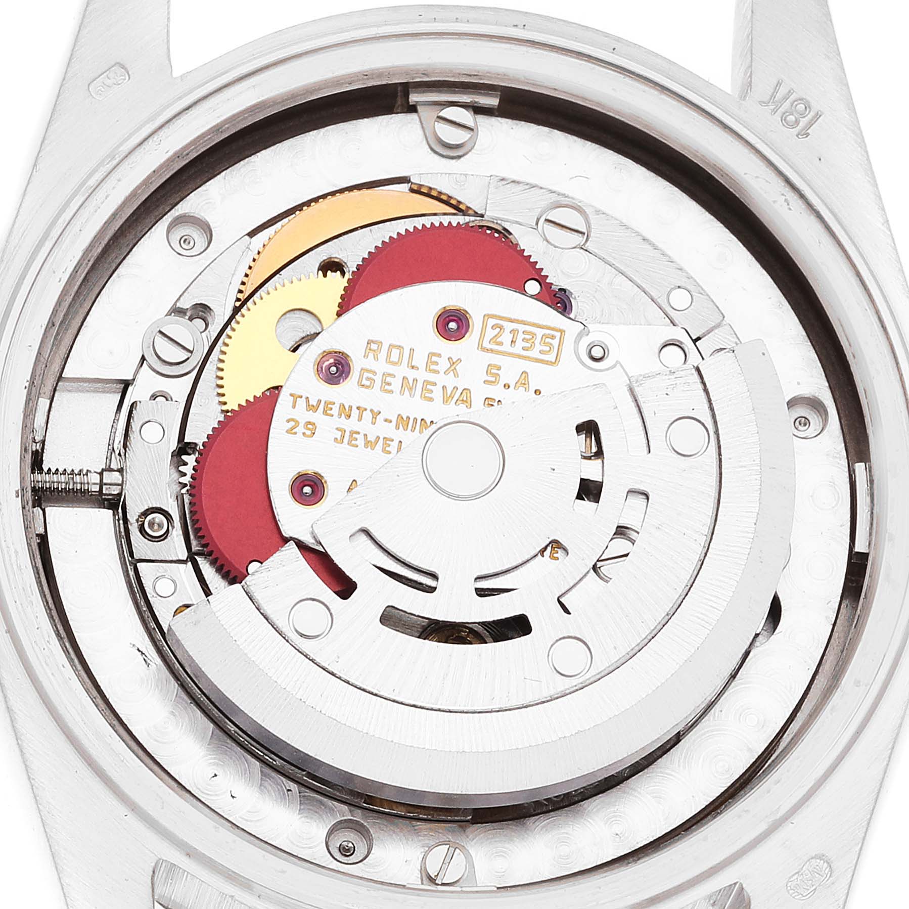 This image shows the inner mechanical components of a Rolex President 68159 Women's White Gold Silver Dial 68159 Women's White Gold Silver Dial watch, including gears and jewels, viewed from the back.
