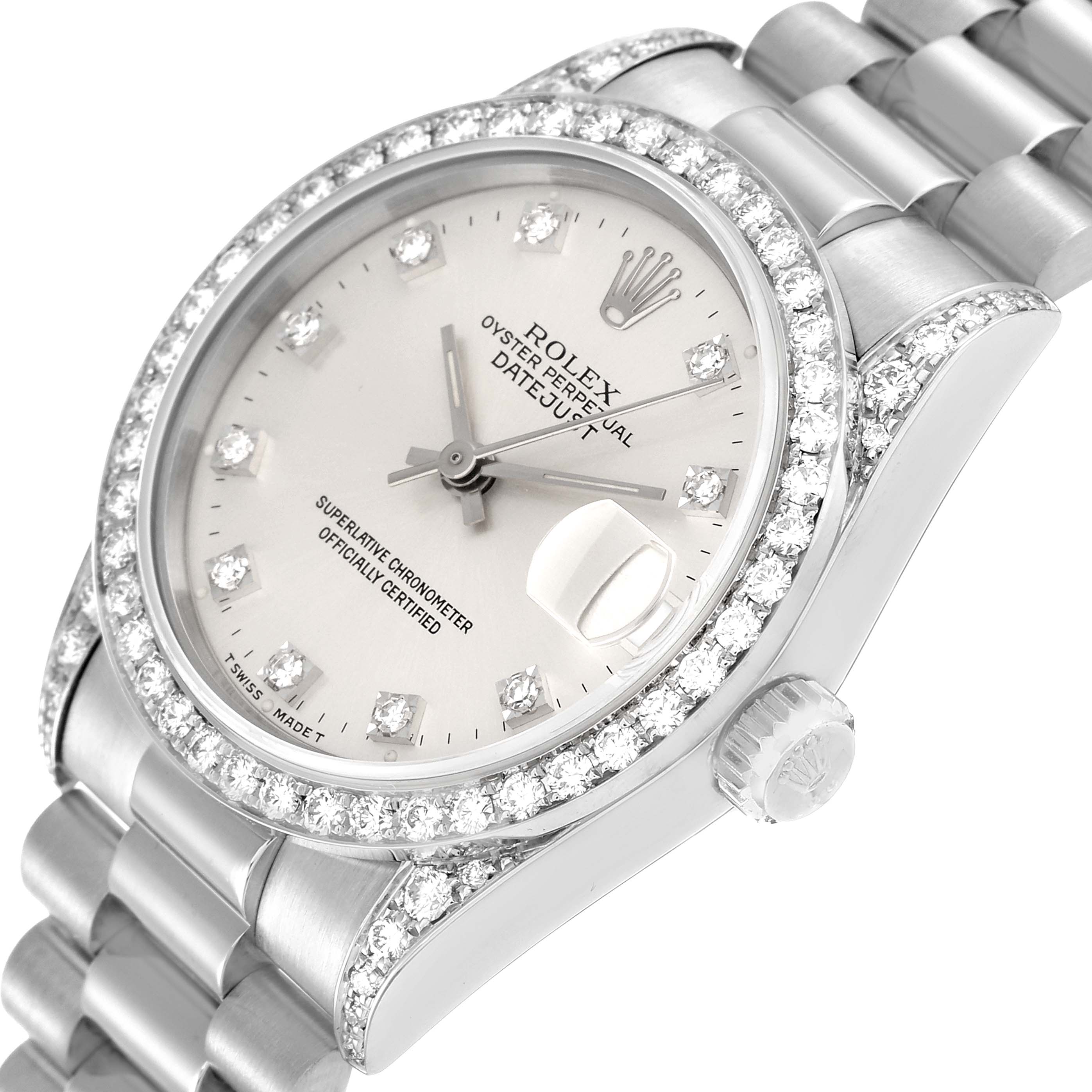 The Rolex President 68159 Women's White Gold Silver Dial 68159 Women's White Gold Silver Dial model watch is shown at an angled view, highlighting its dial, bezel, crown, and part of the bracelet.
