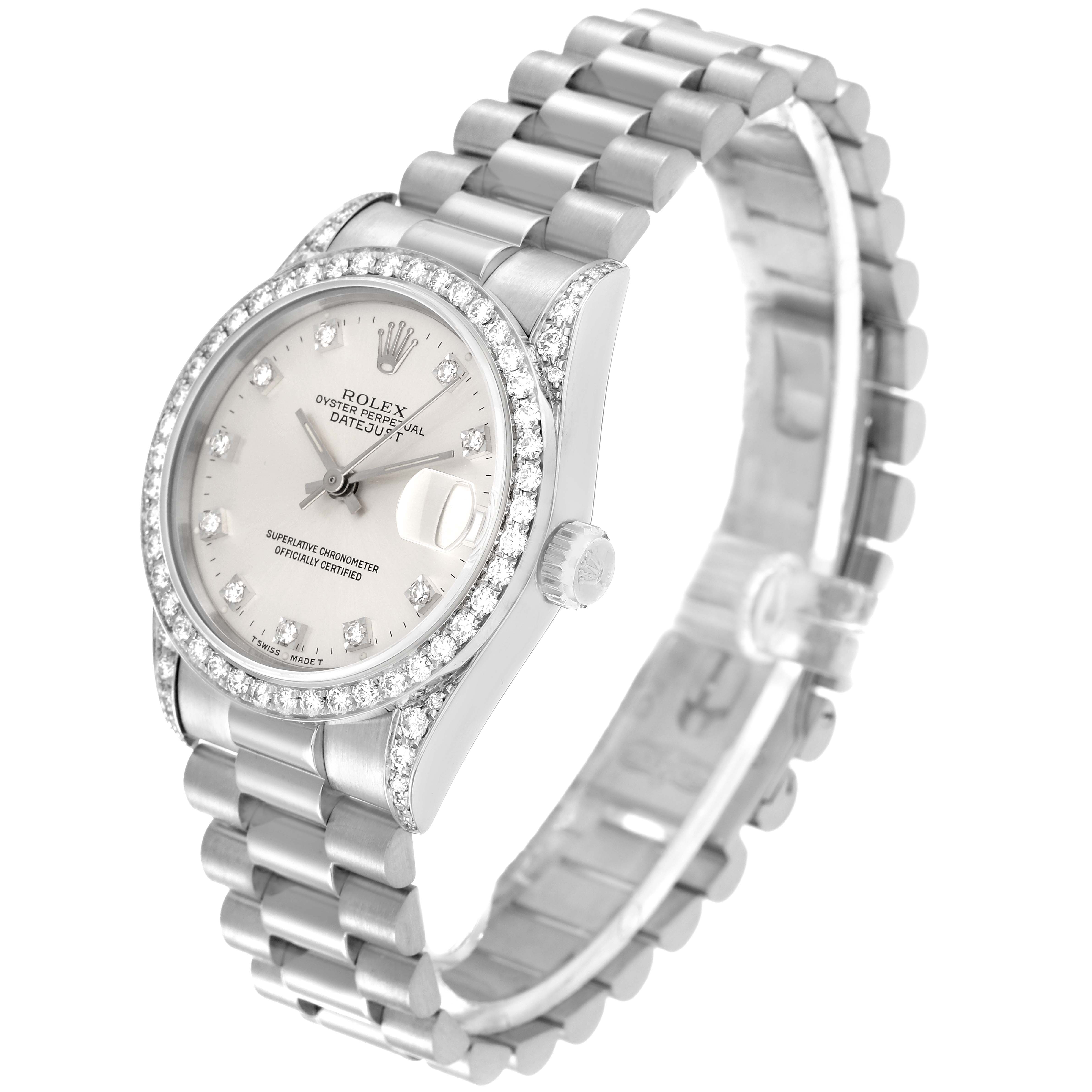 The image shows a Rolex President 68159 Women's White Gold Silver Dial 68159 Women's White Gold Silver Dial model watch at a three-quarter angle, highlighting the face, bezel, crown, and bracelet.