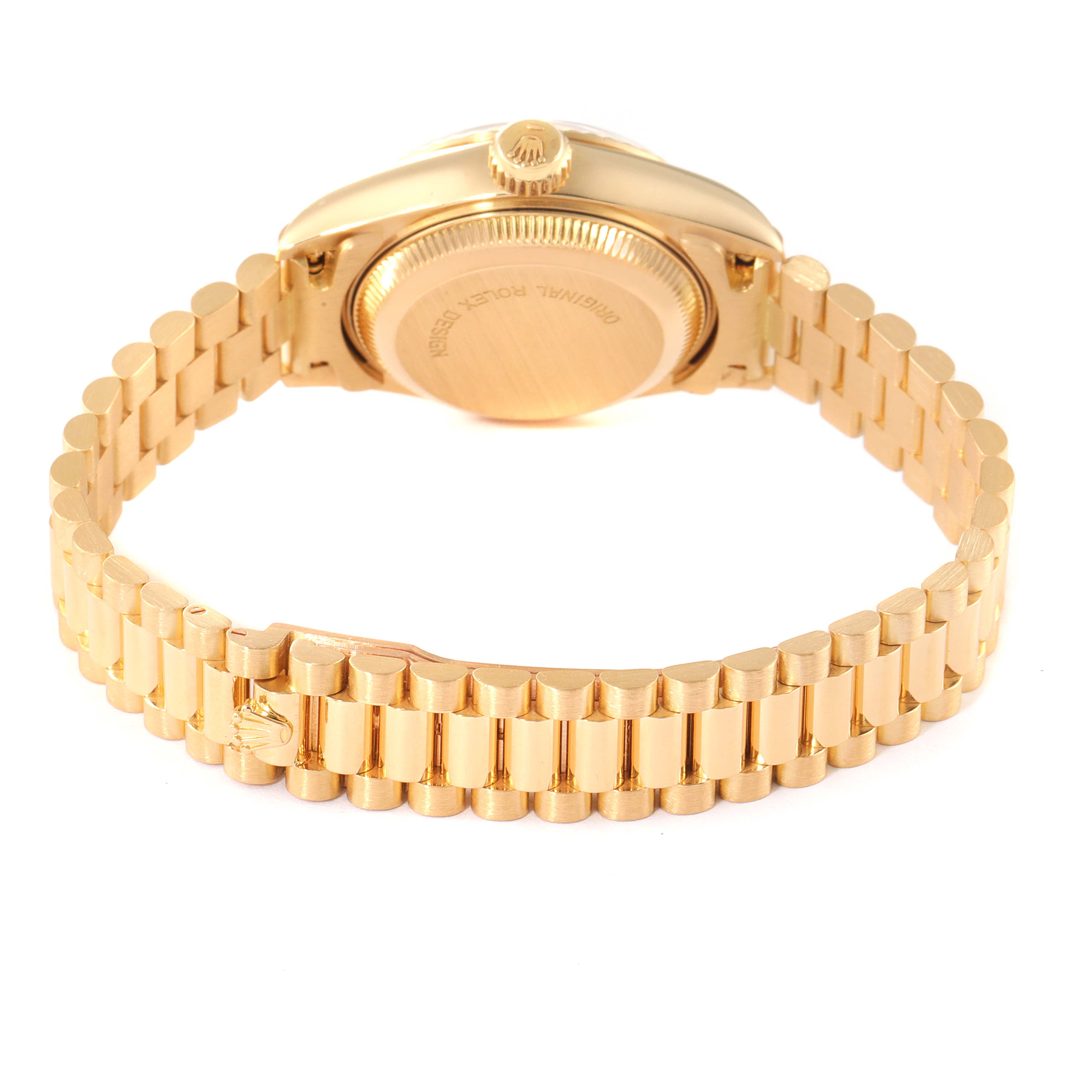 This image shows the back case and bracelet of a Rolex President 69178 Women's Yellow Gold Champagne Dial 69178 Women's Yellow Gold Champagne Dial model watch, photographed from a rear angle.