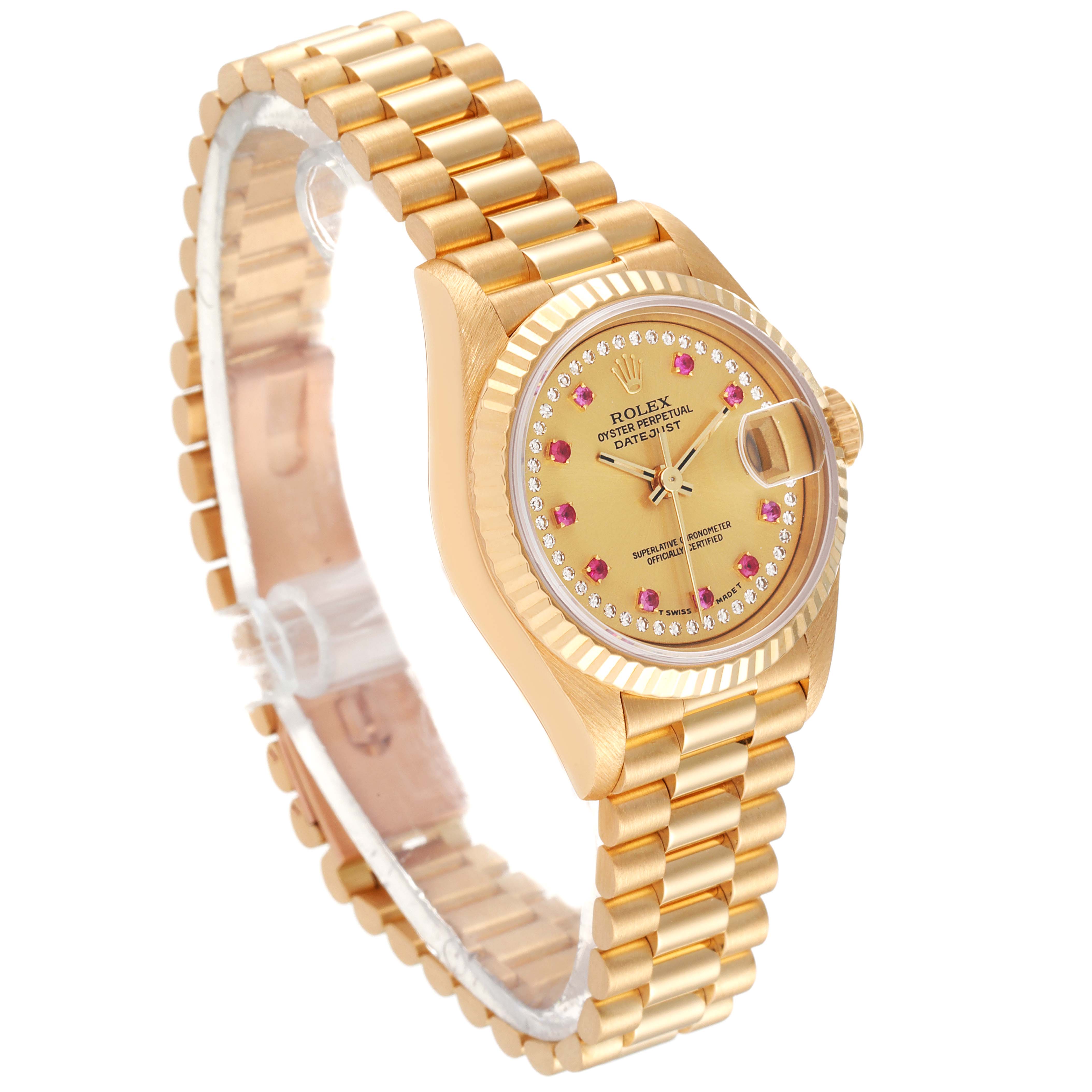 The Rolex President 69178 Women's Yellow Gold Champagne Dial 69178 Women's Yellow Gold Champagne Dial model watch is shown at a three-quarter angle, highlighting its gold case, bracelet, and gemstone-studded dial.