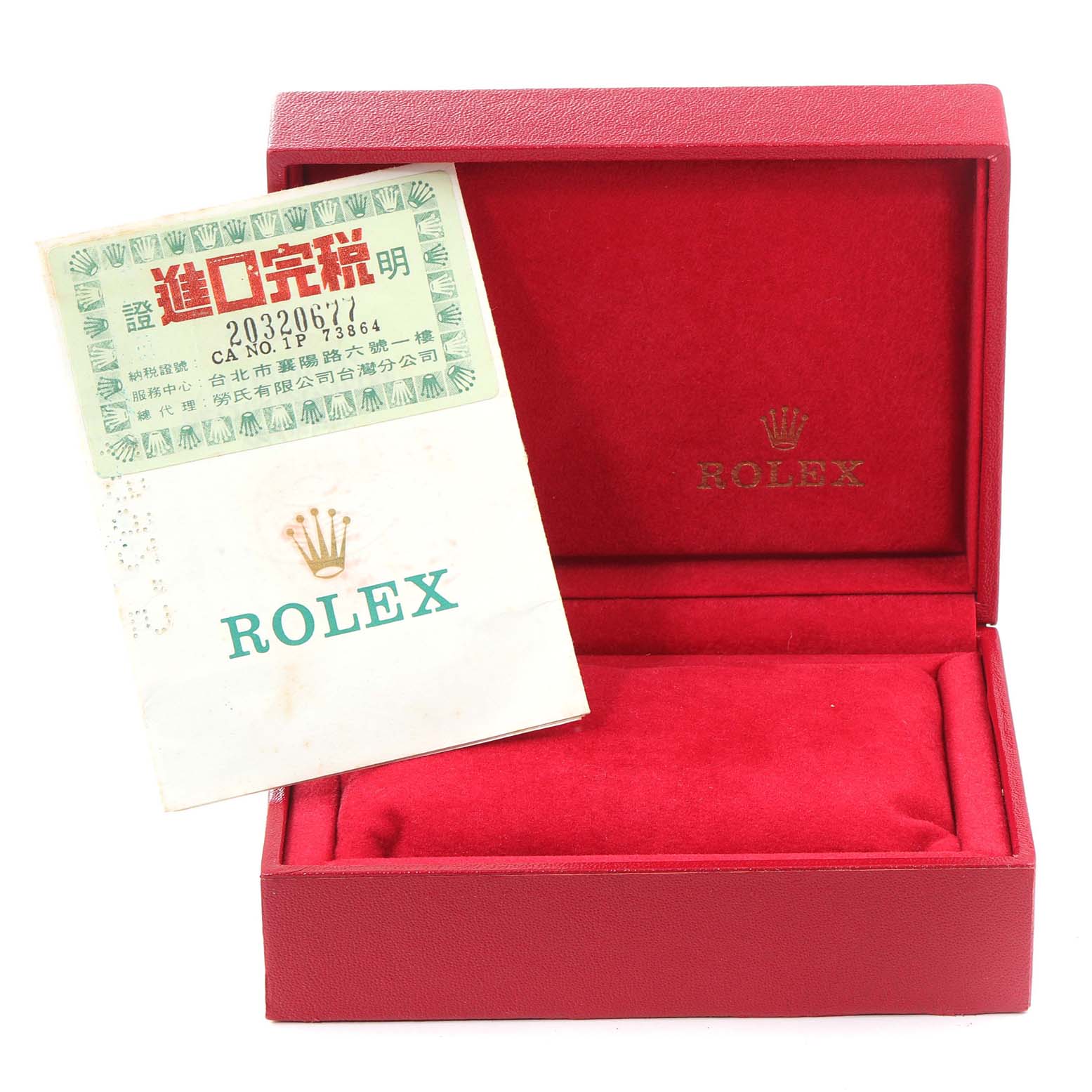 The image shows an open red Rolex box with a booklet and papers, but the Rolex President 69178 Women's Yellow Gold Champagne Dial 69178 Women's Yellow Gold Champagne Dial model watch is not visible.