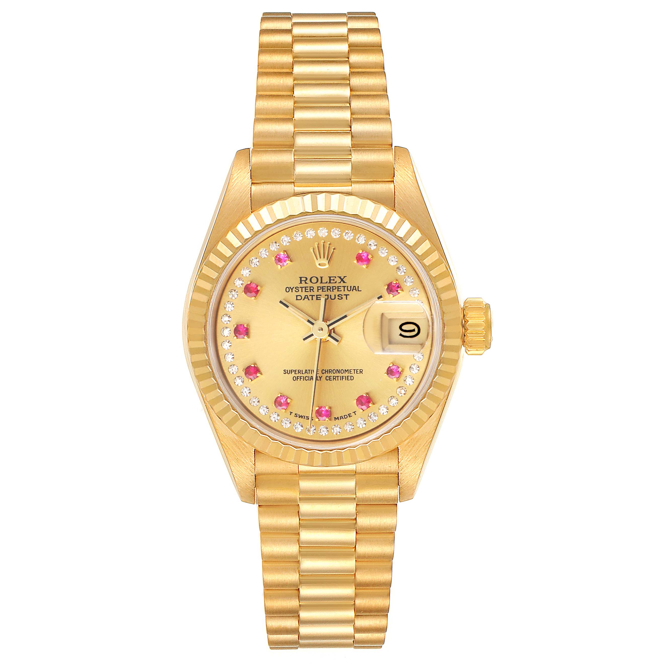 The image shows the front view of a gold President model Rolex watch, displaying the face, bezel, case, and bracelet.