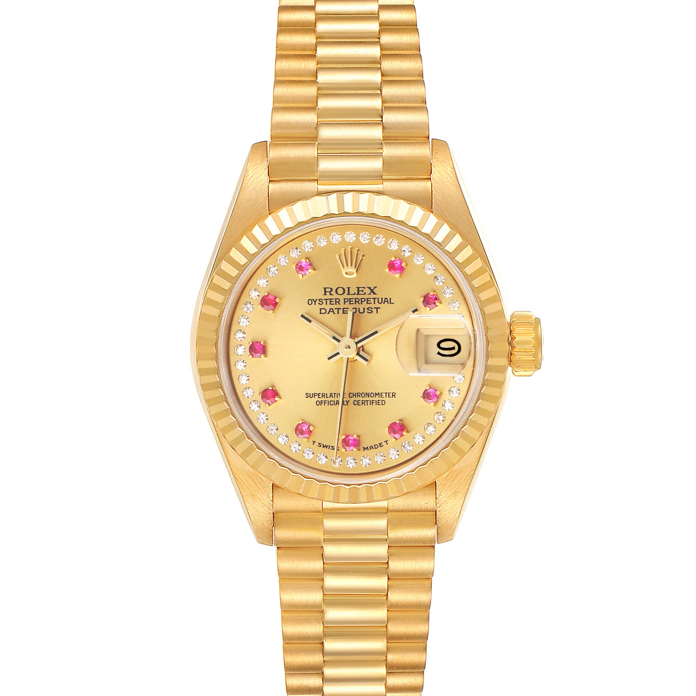 This is a frontal view of the Rolex President 69178 Women's Yellow Gold Champagne Dial 69178 Women's Yellow Gold Champagne Dial model watch, showing the dial, hands, date window, and bracelet.