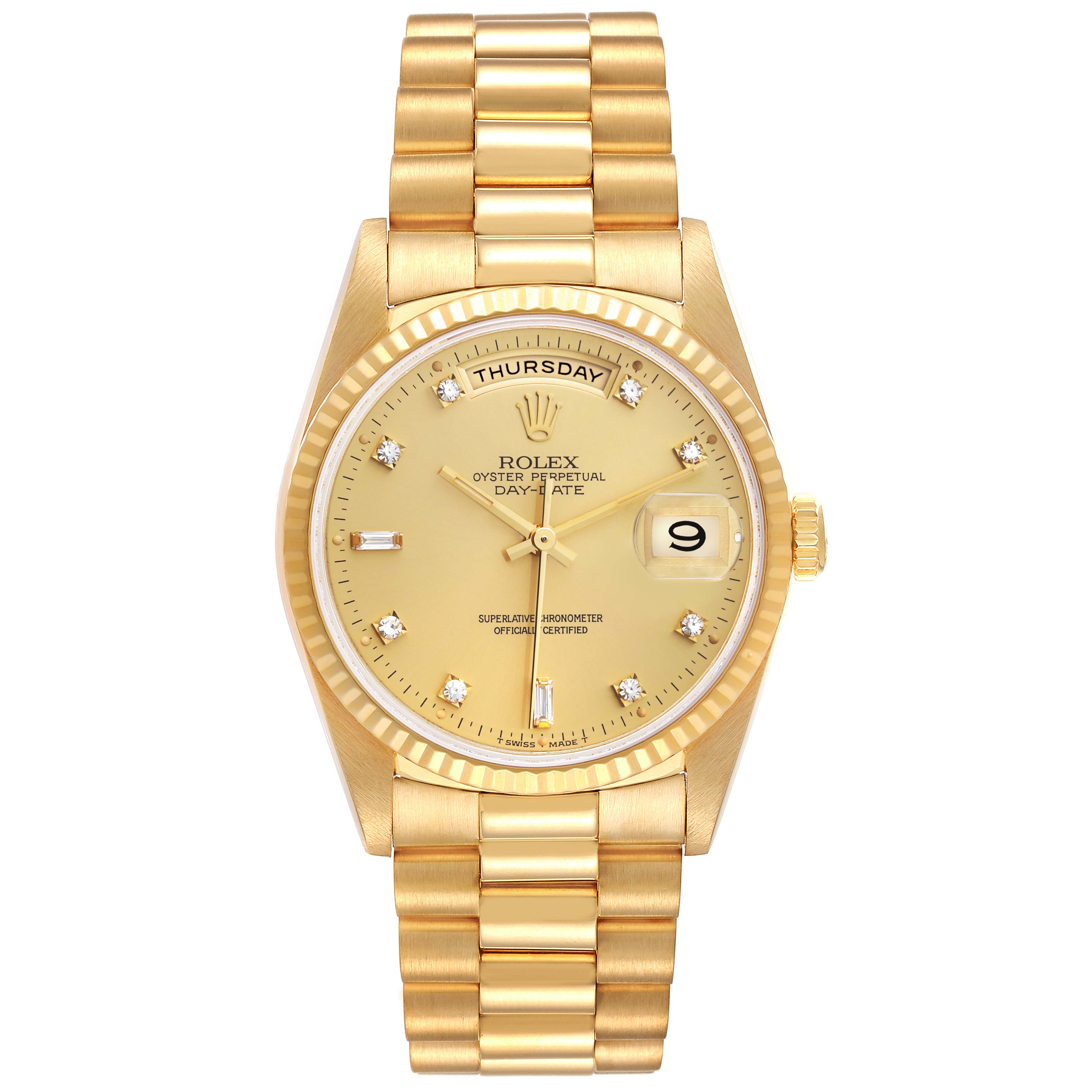 The Rolex President 18238 Men's Yellow Gold Champagne Dial 18238 Men's Yellow Gold Champagne Dial model watch is shown from the front, displaying the dial, bezel, bracelet, and day/date windows.