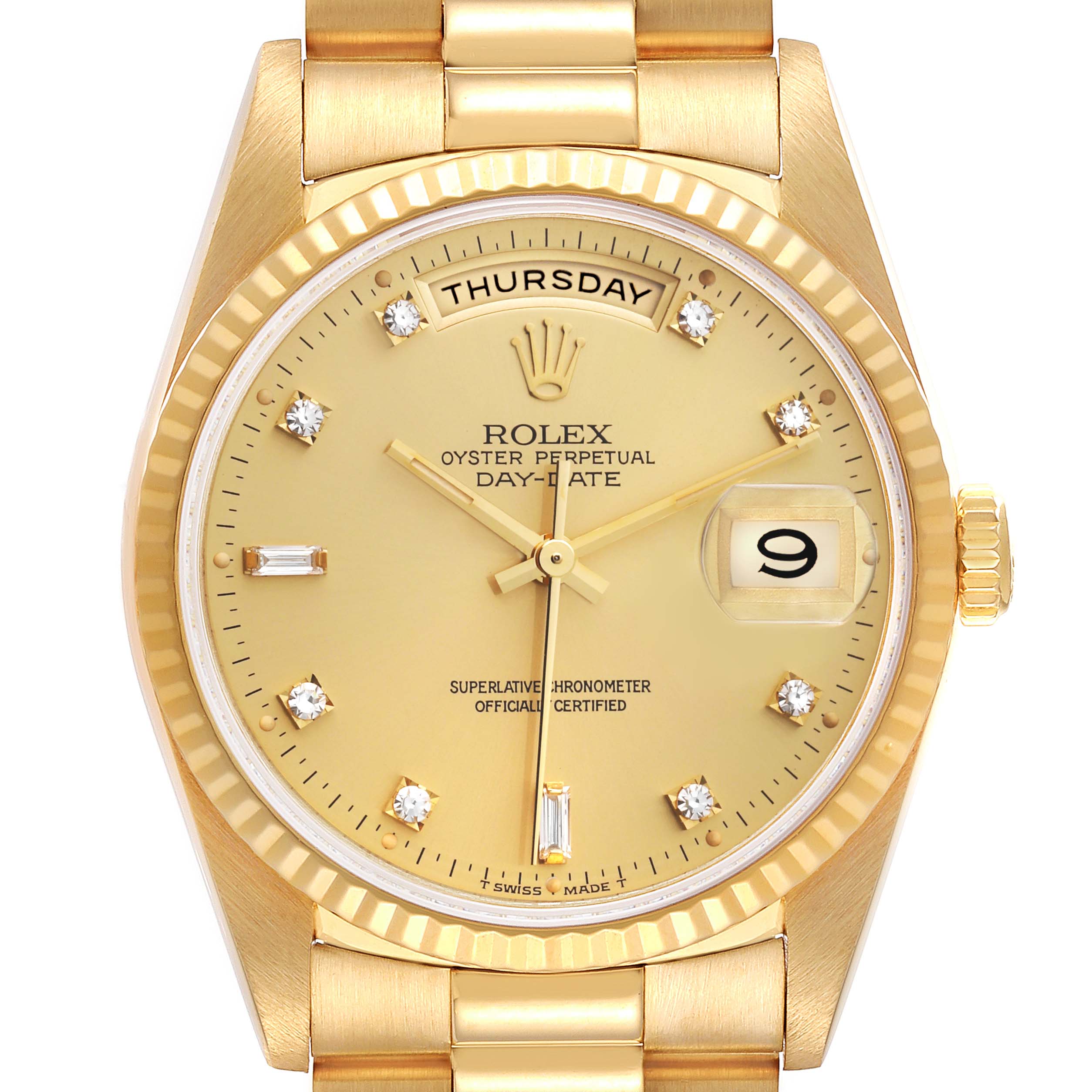 This image shows a frontal view of a Rolex President 18238 Men's Yellow Gold Champagne Dial 18238 Men's Yellow Gold Champagne Dial model watch, highlighting its gold case, dial, and bracelet.