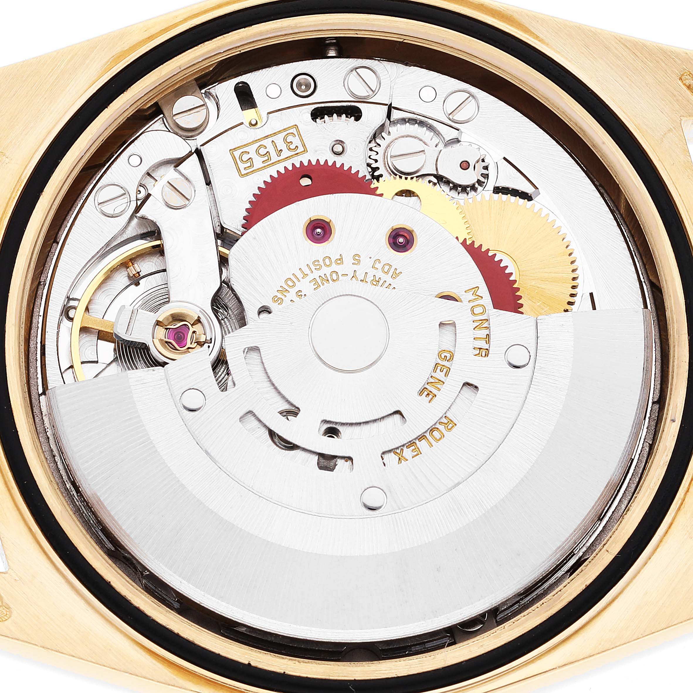 This is an internal view of the Rolex President 18238 Men's Yellow Gold Champagne Dial 18238 Men's Yellow Gold Champagne Dial model showing its intricate mechanical movement components.
