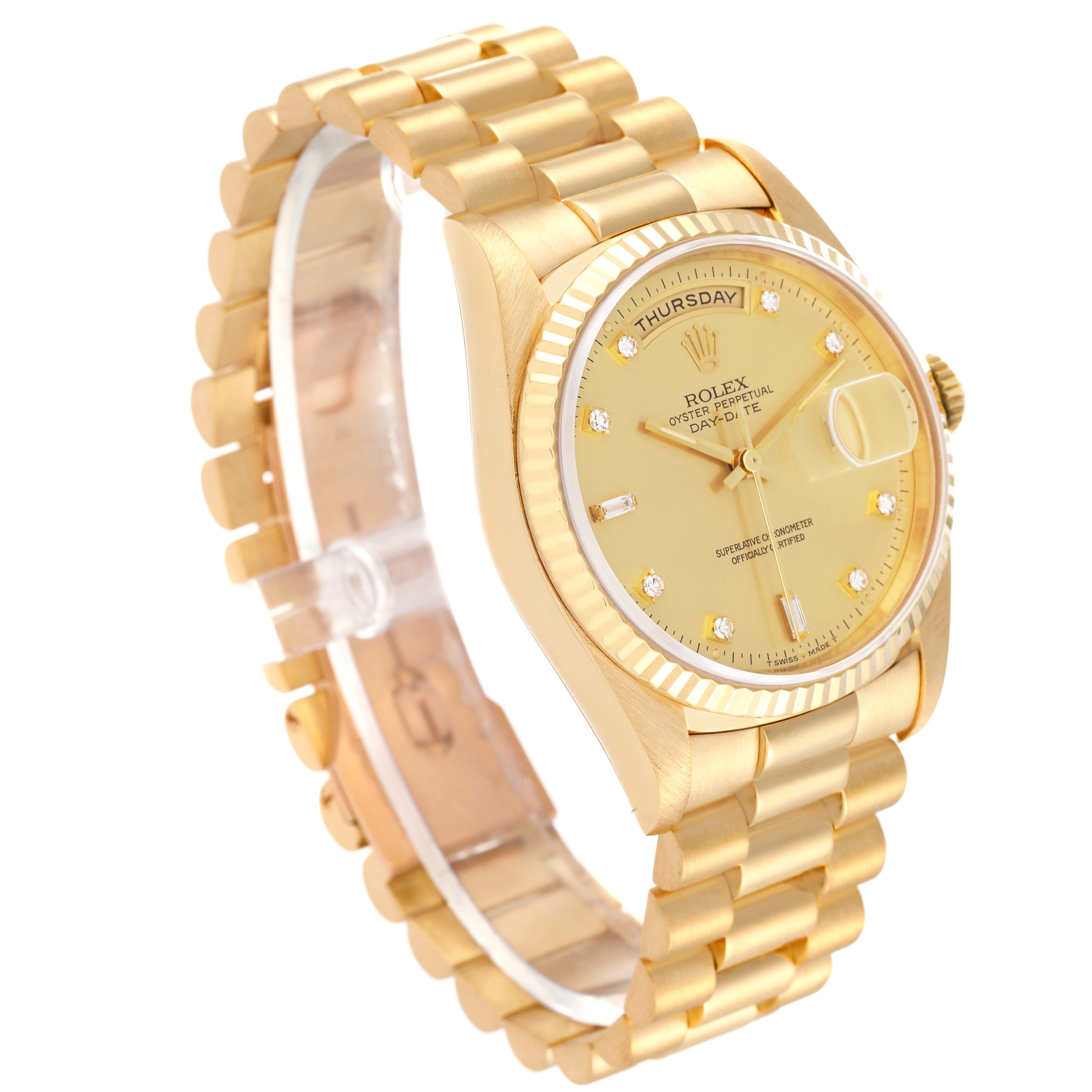 The Rolex President 18238 Men's Yellow Gold Champagne Dial 18238 Men's Yellow Gold Champagne Dial model watch is shown from a front-side angle, featuring its gold bracelet, dial, and fluted bezel.