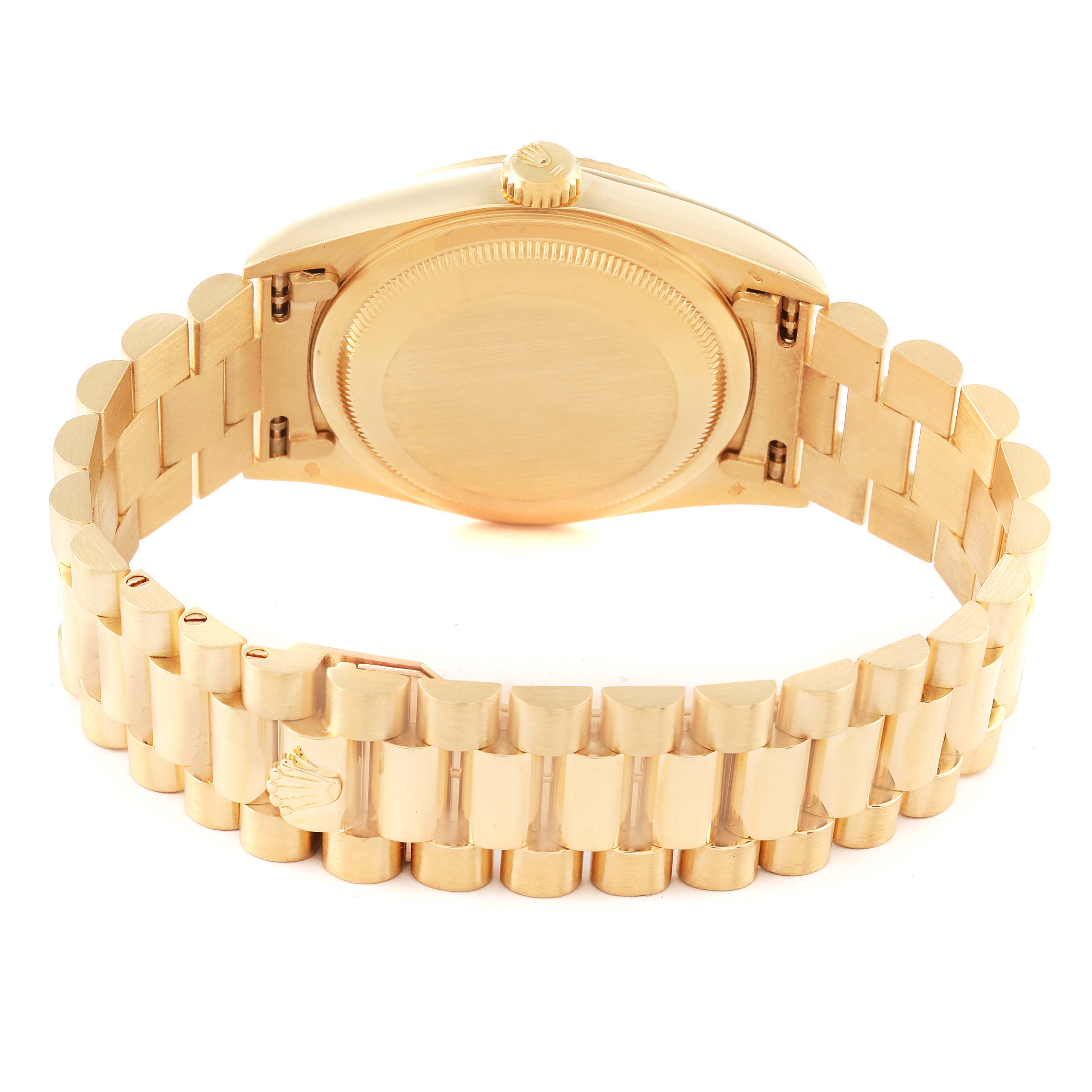 This image shows the back and bracelet of the President model Rolex watch from a slightly elevated rear angle.