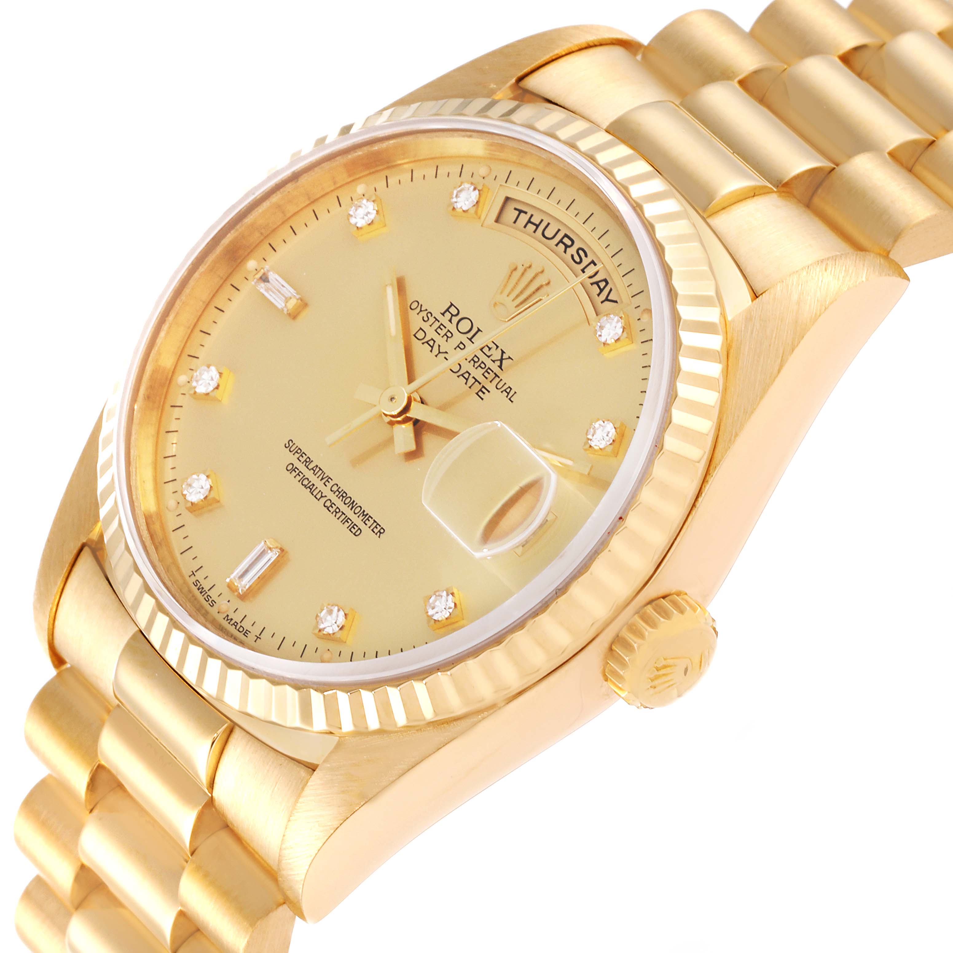 This image shows a gold Rolex President 18238 Men's Yellow Gold Champagne Dial 18238 Men's Yellow Gold Champagne Dial model watch at an angle highlighting the face, bezel, and part of the bracelet.