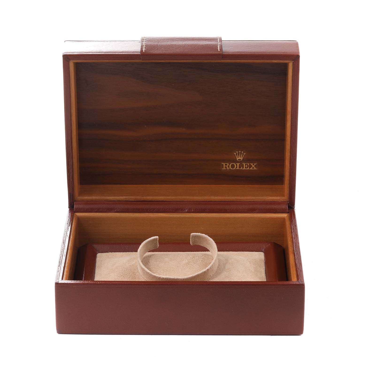 This image shows an open Rolex President 18238 Men's Yellow Gold Champagne Dial 18238 Men's Yellow Gold Champagne Dial watch box, displaying its interior wooden lining and a cushioned watch holder.