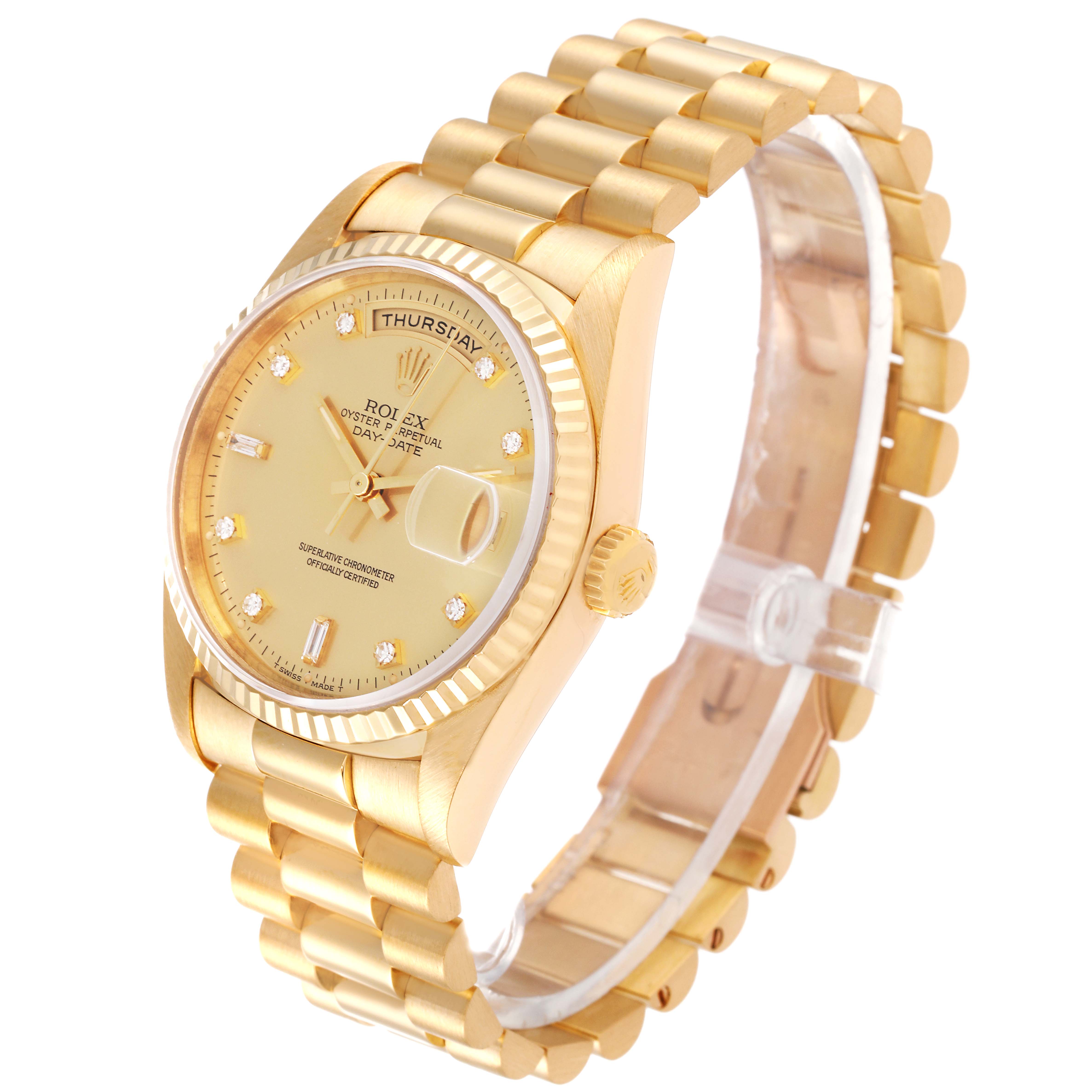 The image shows a Rolex President 18238 Men's Yellow Gold Champagne Dial 18238 Men's Yellow Gold Champagne Dial model watch at a 3/4 angle, highlighting the face, bezel, crown, and bracelet.
