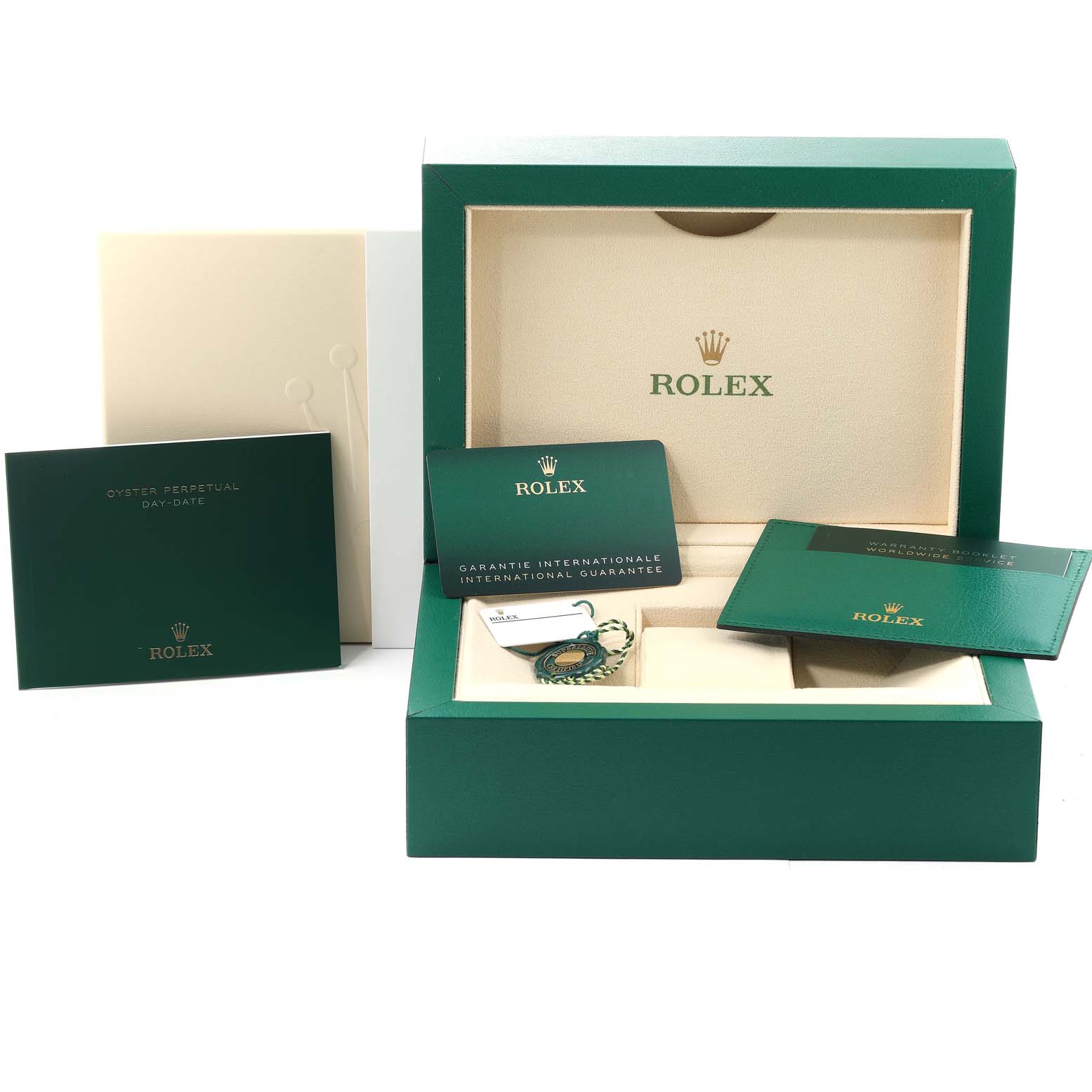 The image shows an open Rolex President 228238 Men's Yellow Gold Black Dial 228238 Men's Yellow Gold Black Dial model watch box, guarantee card, manual, and tag from a frontal angle.