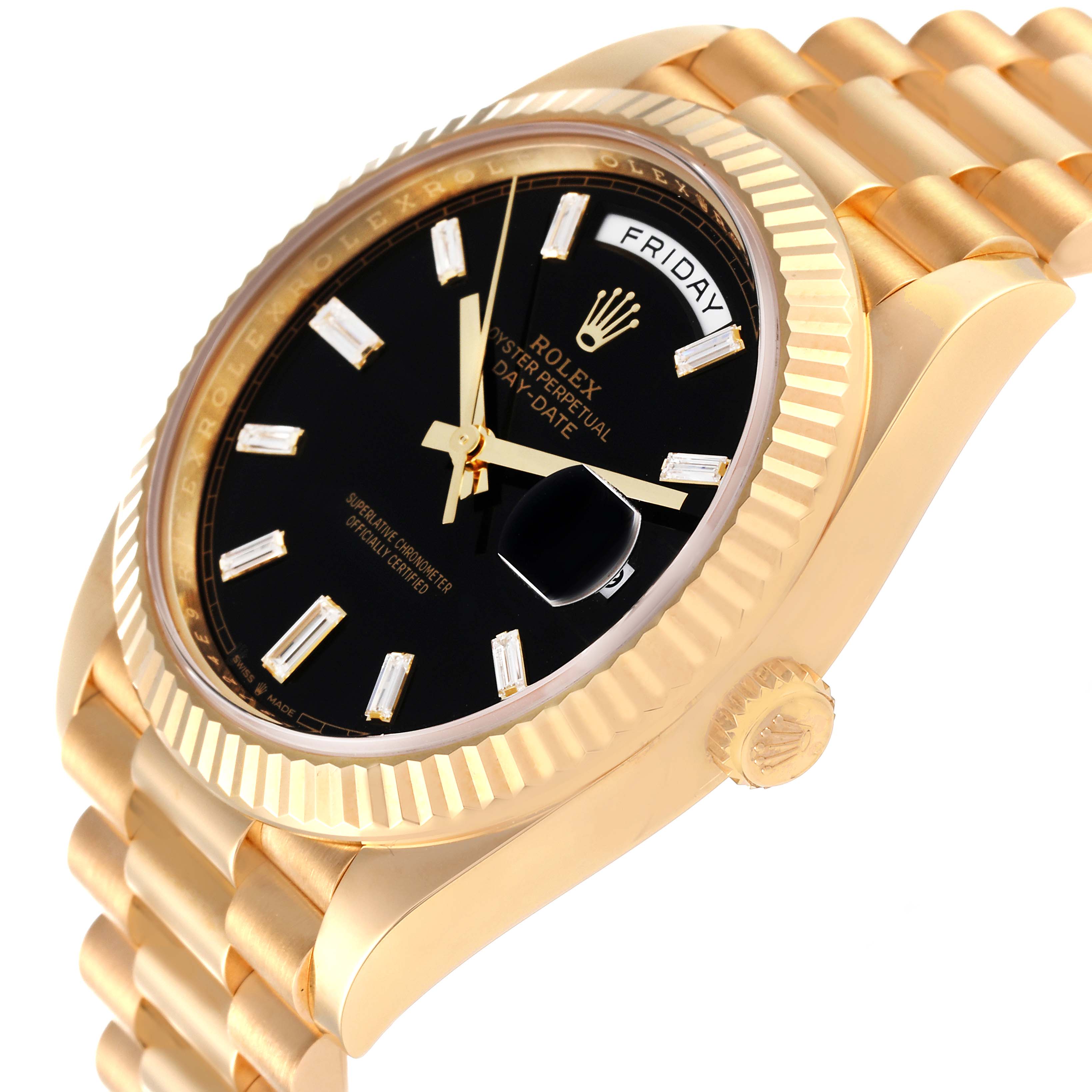 The image shows a gold Rolex President 228238 Men's Yellow Gold Black Dial 228238 Men's Yellow Gold Black Dial model watch from an oblique angle, highlighting the bracelet, case, crown, and face.