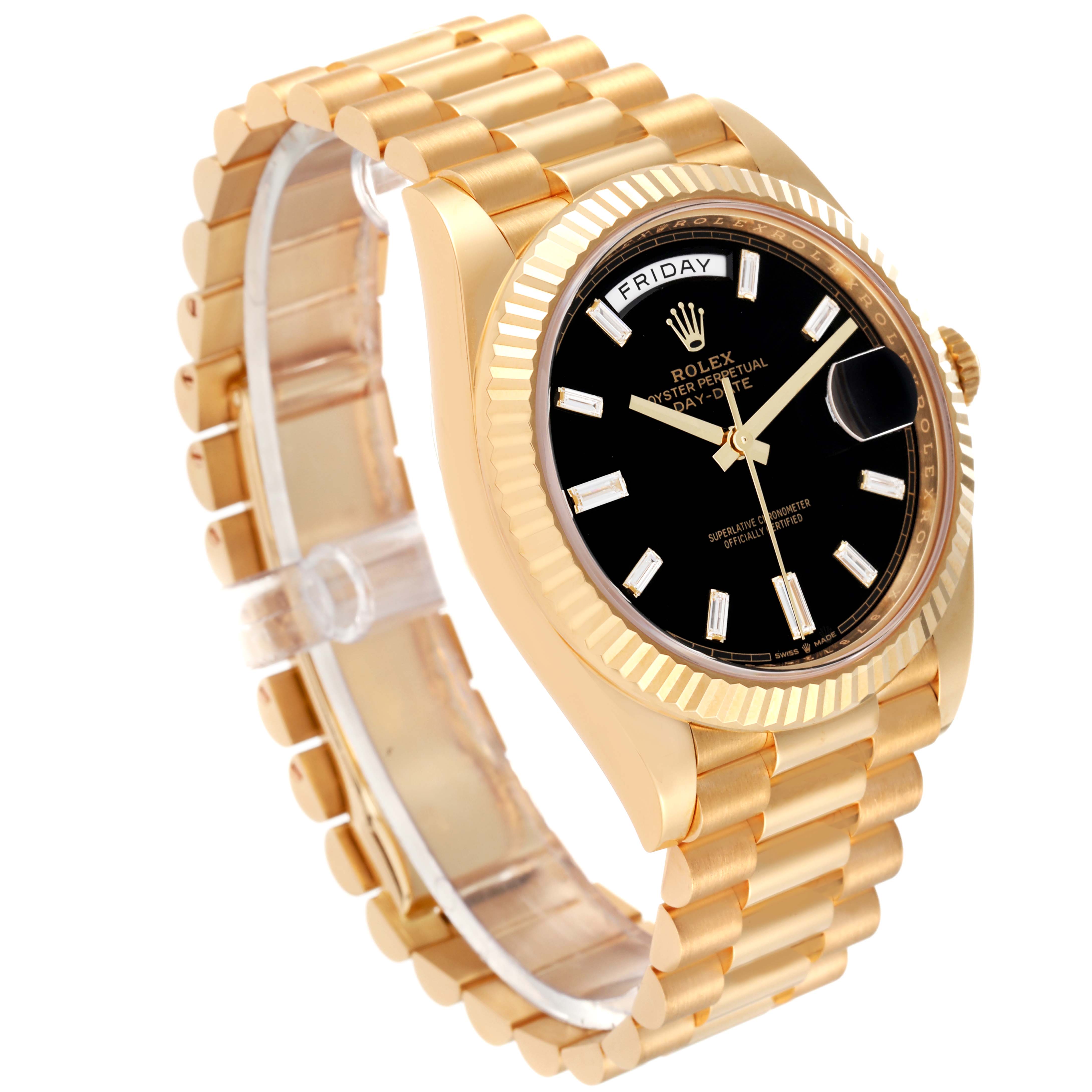The image shows a Rolex President 228238 Men's Yellow Gold Black Dial 228238 Men's Yellow Gold Black Dial watch at a slight angle, highlighting the bracelet, case, bezel, dial, and crown.