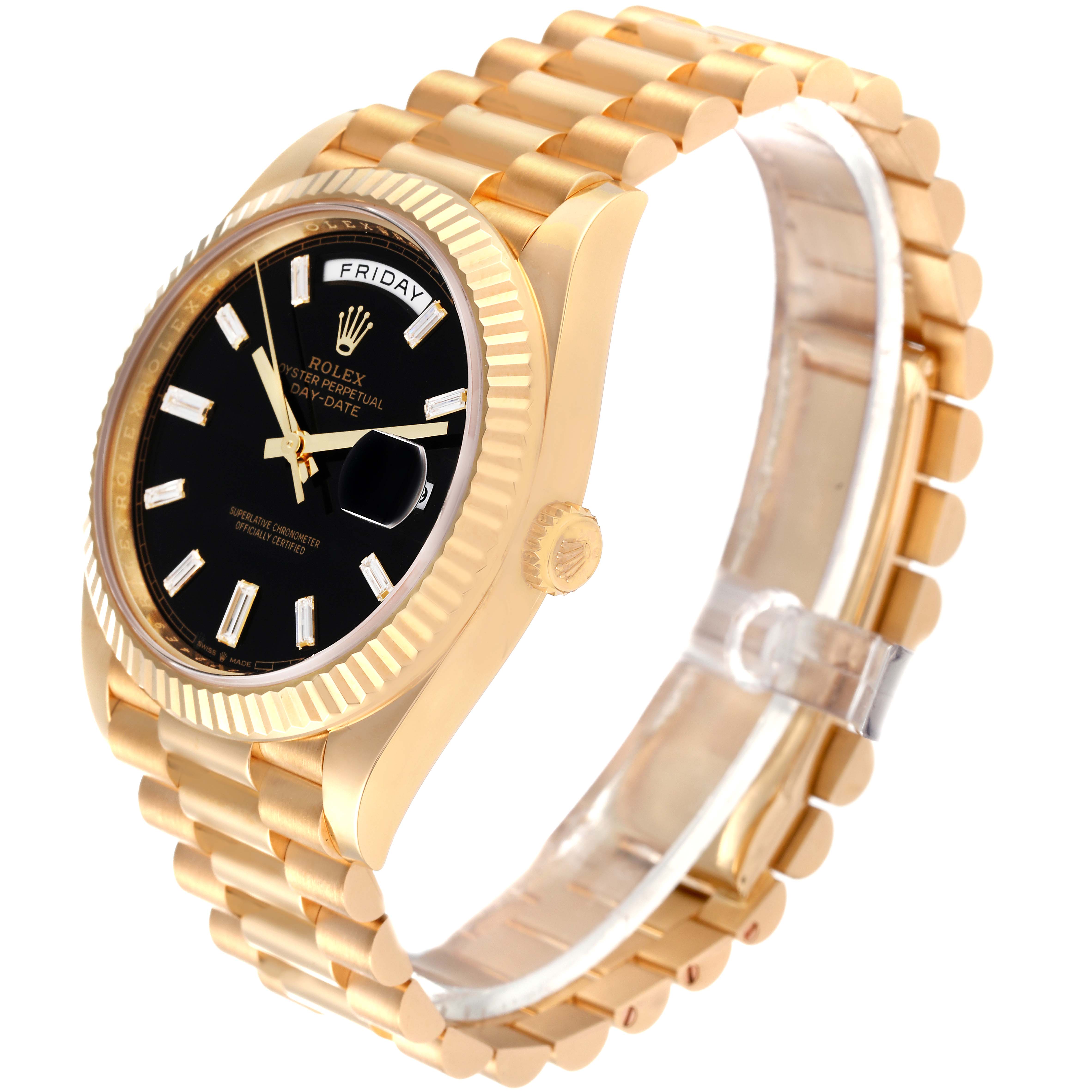 The image shows a Rolex President 228238 Men's Yellow Gold Black Dial 228238 Men's Yellow Gold Black Dial model watch at an angled side view, highlighting its gold bracelet, bezel, and black dial.