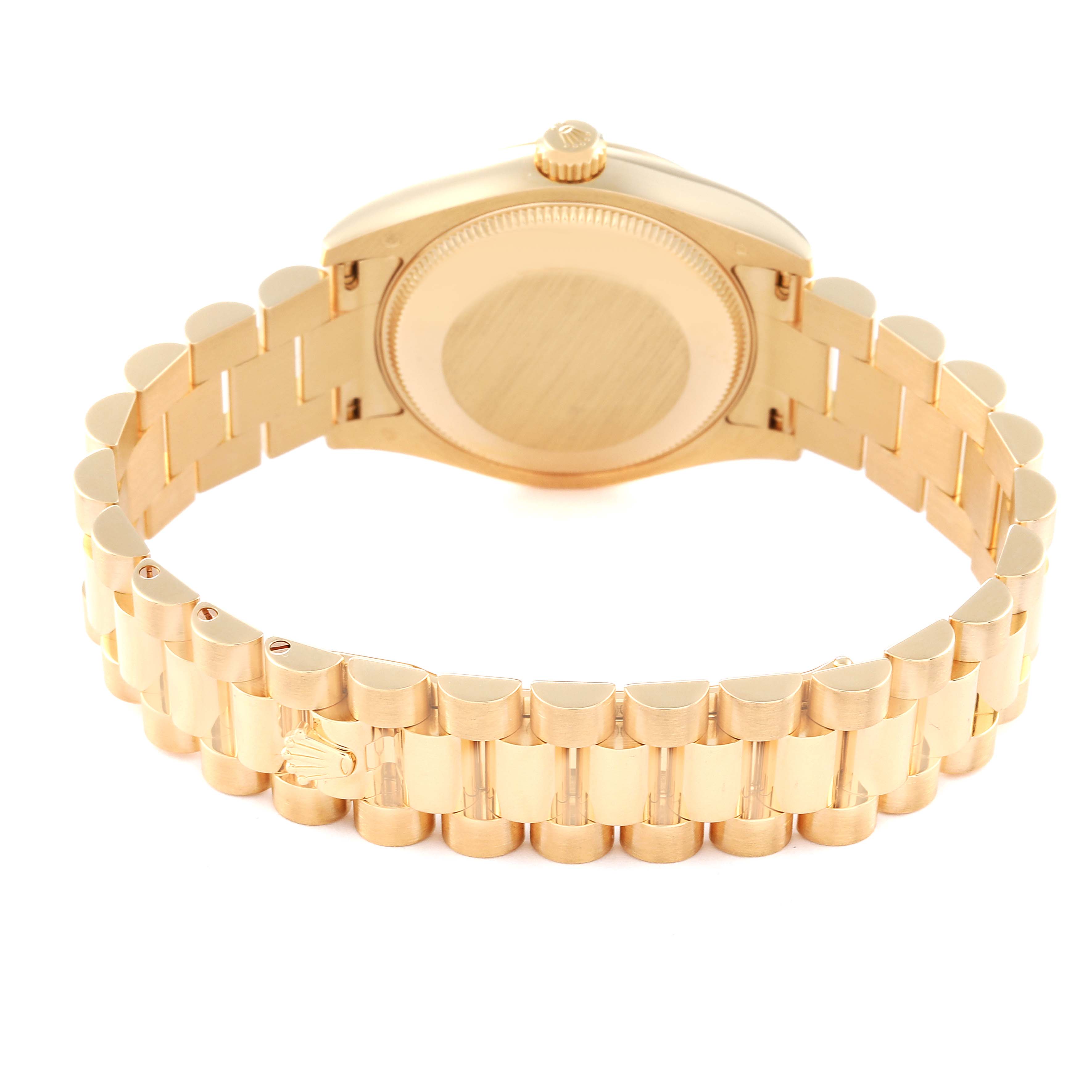 The image shows the back view of a Rolex President 178278 Women's Yellow Gold Champagne Dial 178278 Women's Yellow Gold Champagne Dial model watch, featuring its gold bracelet and case back.