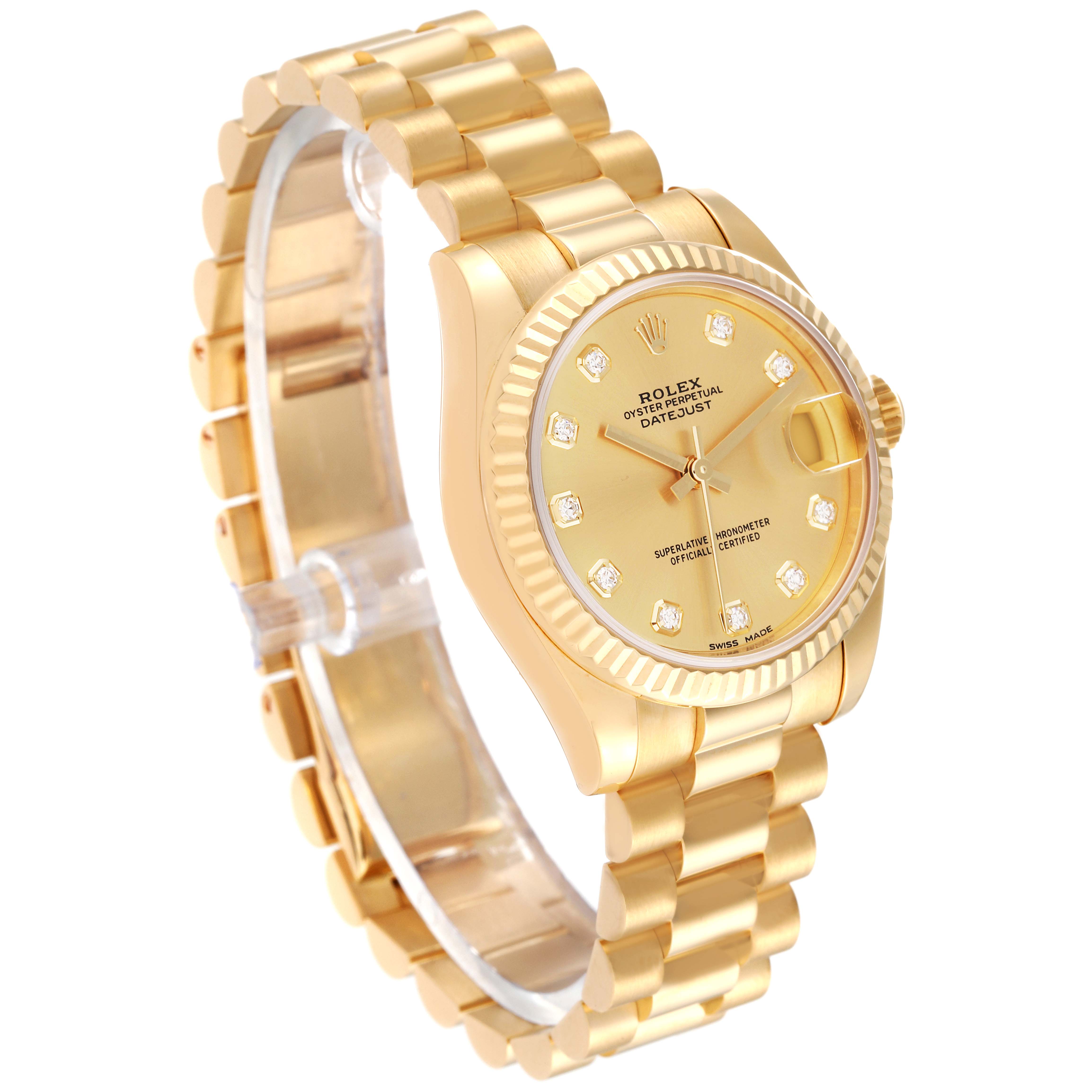 This image shows the President model by Rolex from an angled view, highlighting the bracelet, case, crown, and dial.