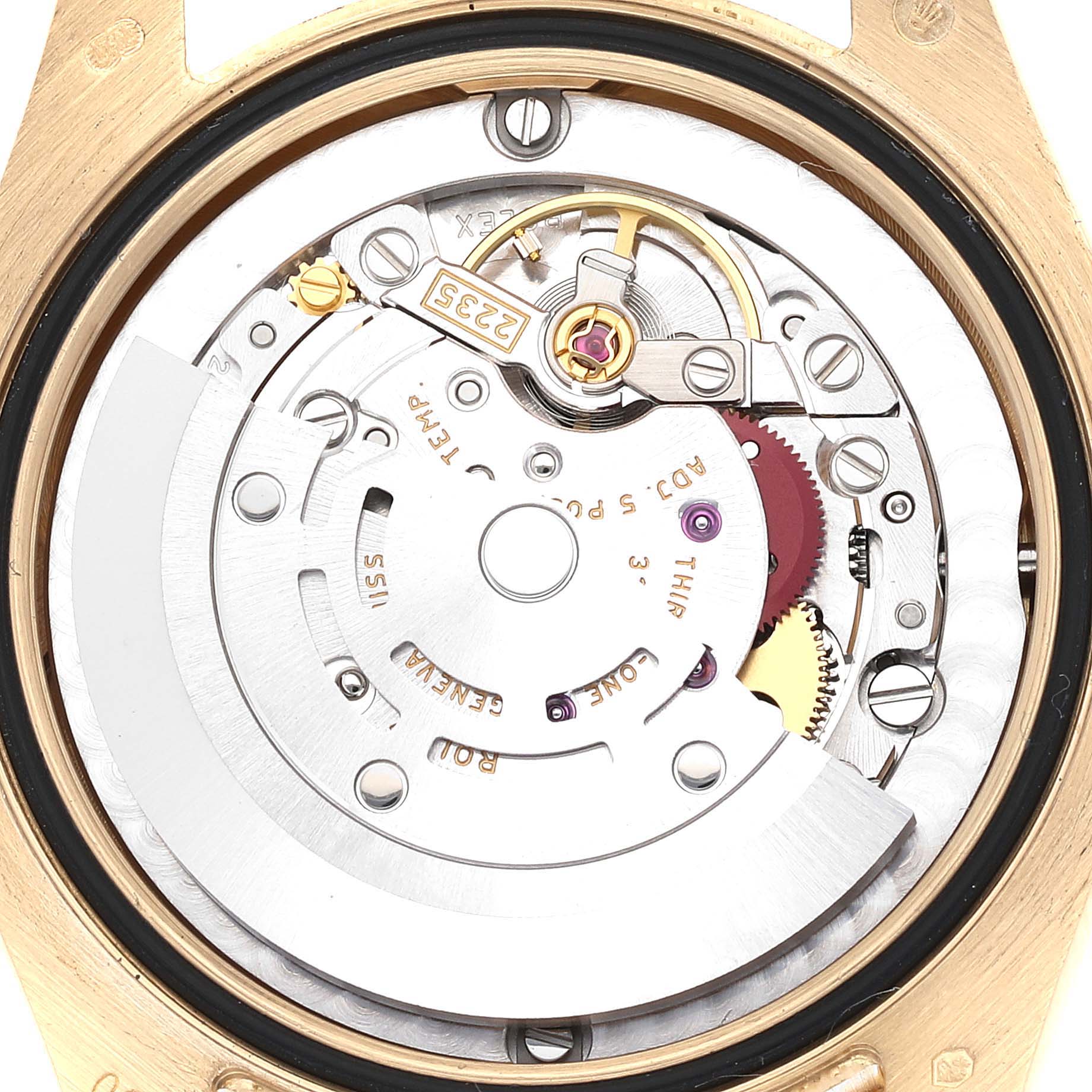 This image shows the internal mechanisms of a Rolex President 178278 Women's Yellow Gold Champagne Dial 178278 Women's Yellow Gold Champagne Dial model watch from a straight-on angle.