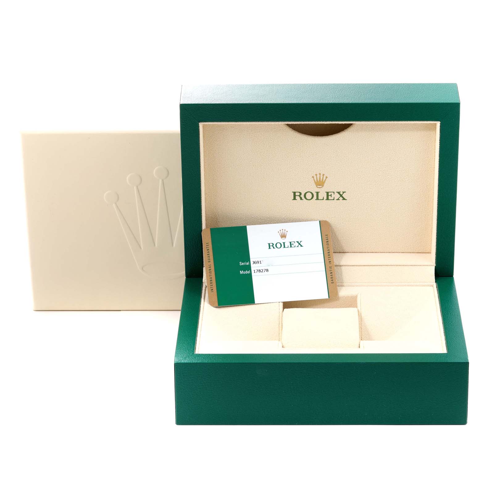 This image shows the packaging and certification card for a Rolex President 178278 Women's Yellow Gold Champagne Dial 178278 Women's Yellow Gold Champagne Dial model watch.