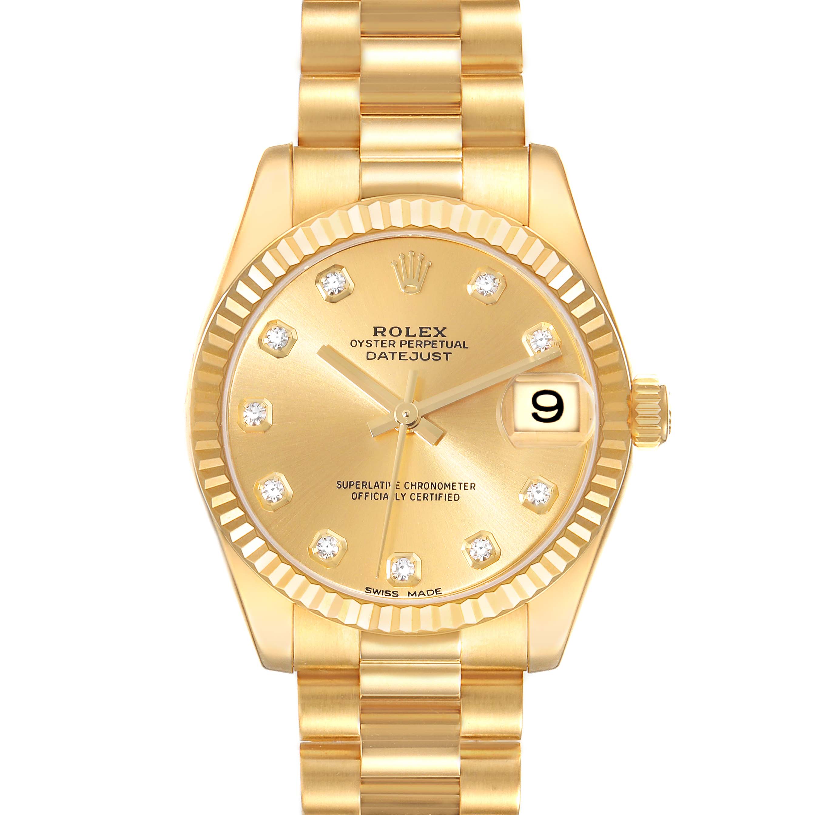 This image shows a frontal view of the Rolex President 178278 Women's Yellow Gold Champagne Dial 178278 Women's Yellow Gold Champagne Dial model with its gold dial, bracelet, and date window at 3 o'clock.