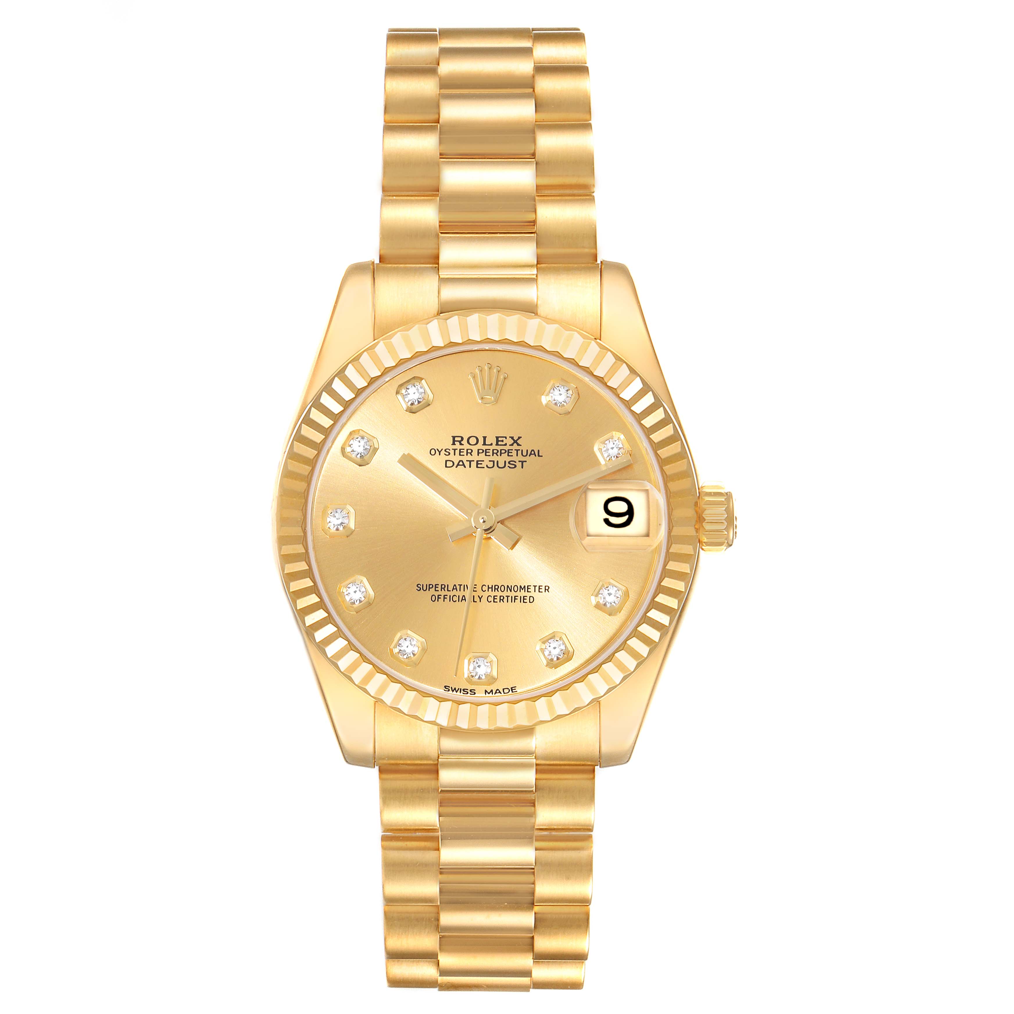 The image shows a front view of a Rolex President 178278 Women's Yellow Gold Champagne Dial 178278 Women's Yellow Gold Champagne Dial model watch, displaying the dial, bracelet, and date window.