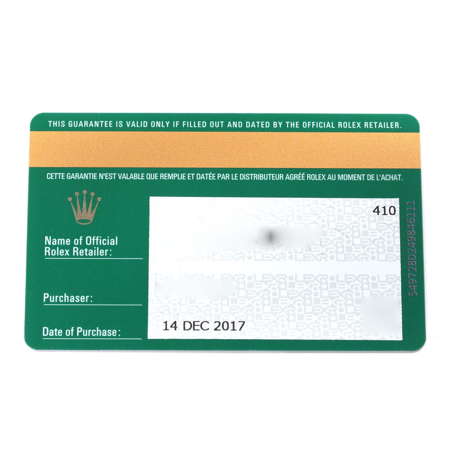 The image shows a green and gold official Rolex warranty card for a Rolex President 178278 Women's Yellow Gold Champagne Dial 178278 Women's Yellow Gold Champagne Dial model watch.