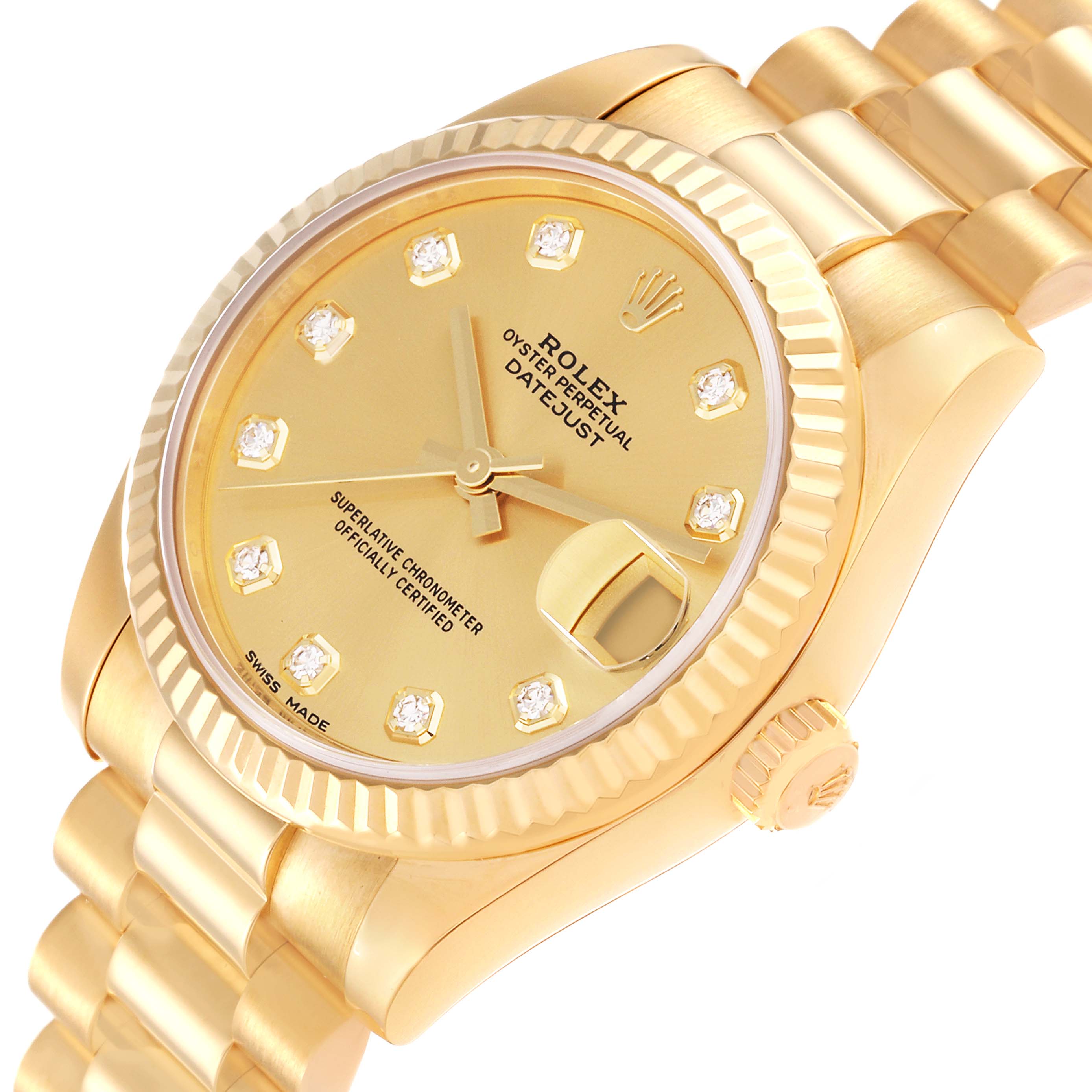 The image shows a close-up angled view of a Rolex President 178278 Women's Yellow Gold Champagne Dial 178278 Women's Yellow Gold Champagne Dial Datejust, featuring the watch face, fluted bezel, and part of the gold bracelet.