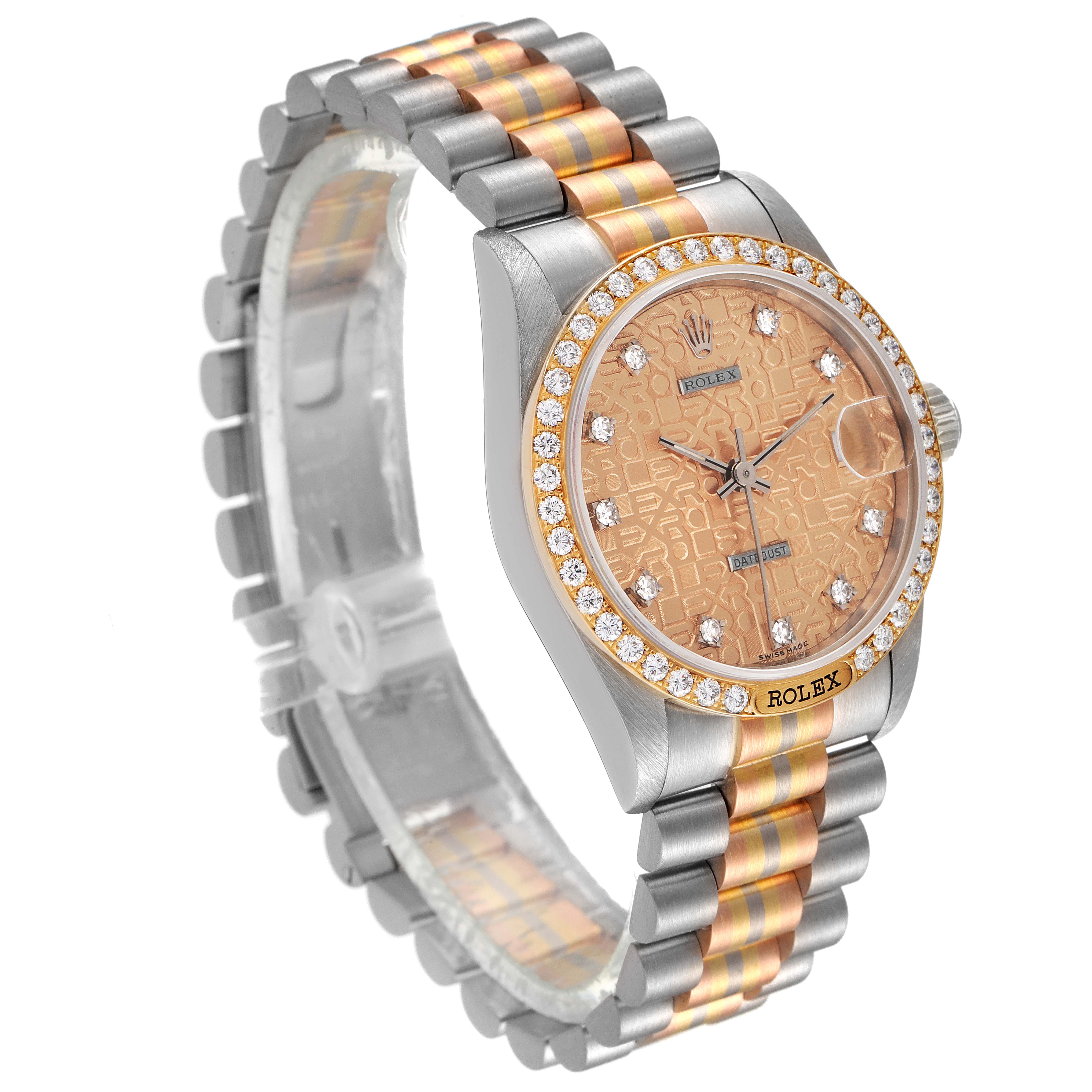This image shows a side and angled view of a Rolex Mid-Size 68149 Women
s White Gold Brown Dial 68149 Women
s White Gold Brown Dial watch with a two-tone bracelet and diamond-set bezel.