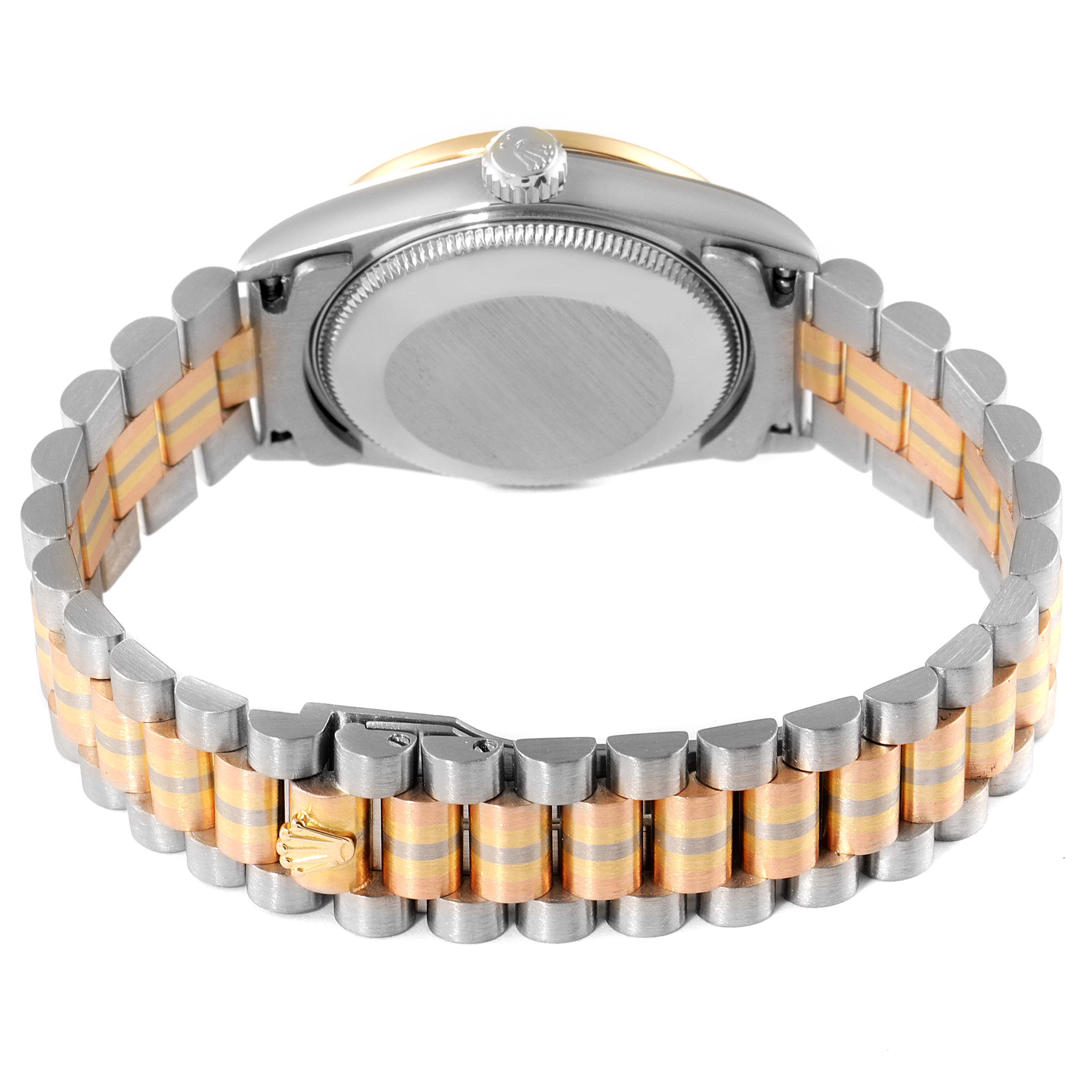 The image shows the back view of a Rolex Mid-Size 68149 Women
s White Gold Brown Dial 68149 Women
s White Gold Brown Dial watch highlighting its clasp, bracelet, and case back.