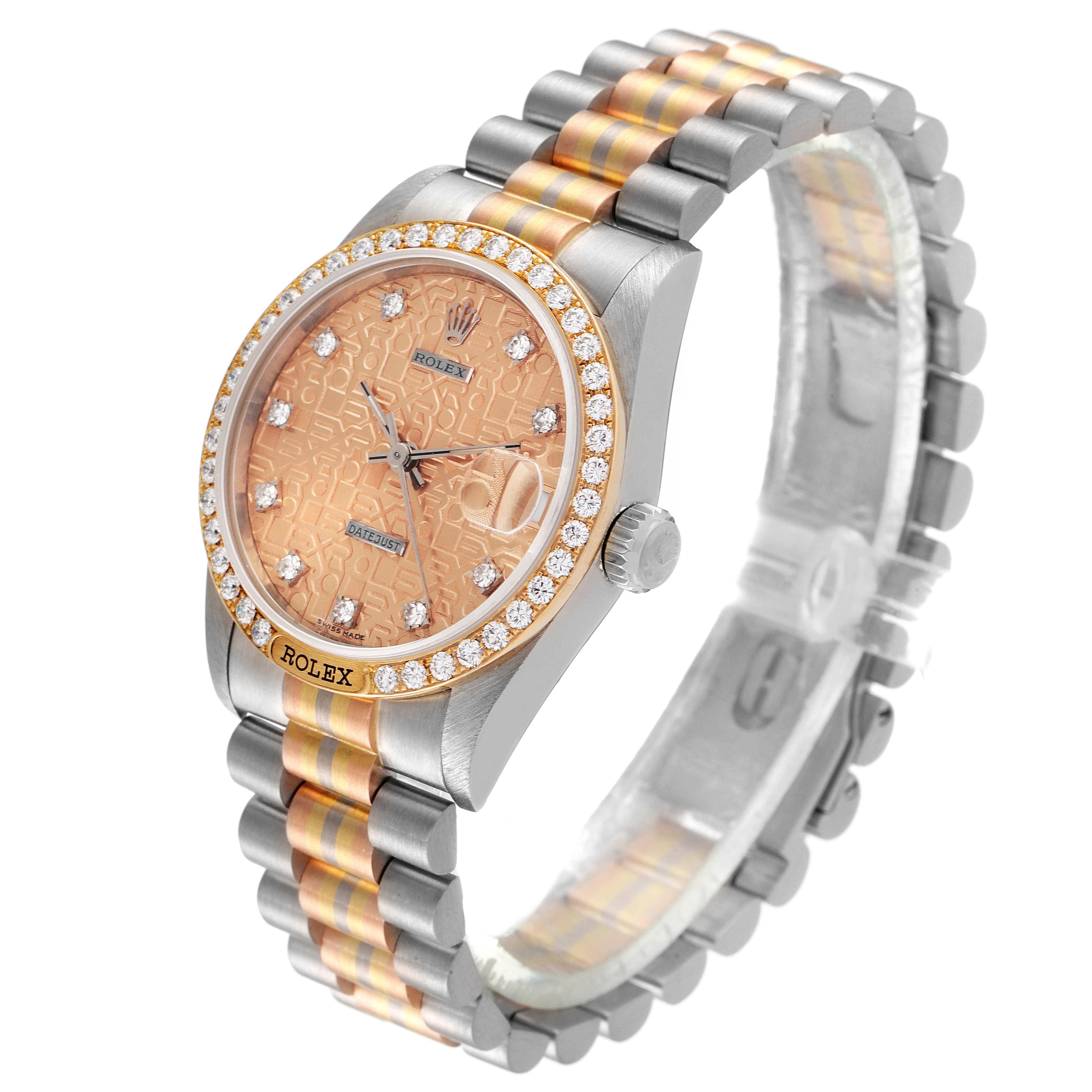 The image shows a Rolex Mid-Size 68149 Women
s White Gold Brown Dial 68149 Women
s White Gold Brown Dial watch with a rose gold dial, diamond bezel, and two-tone bracelet from a three-quarter angle.